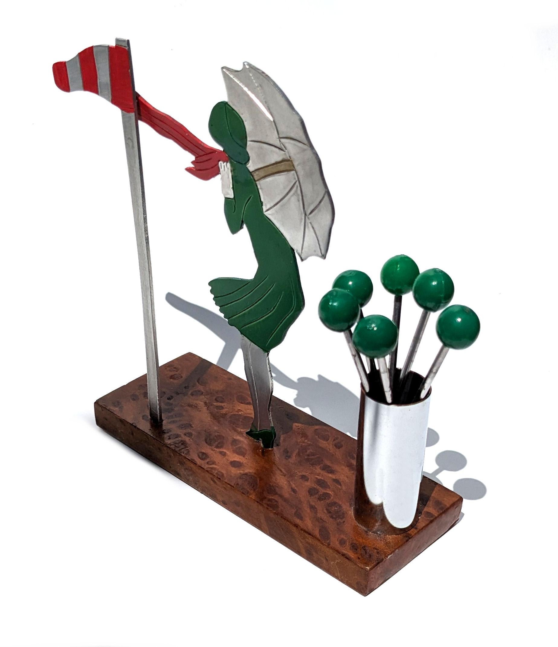 Art Deco Barware, Novelty Cocktail Sticks 'Windy Golfing' By Sudre, c 1930's In Good Condition In Devon, England