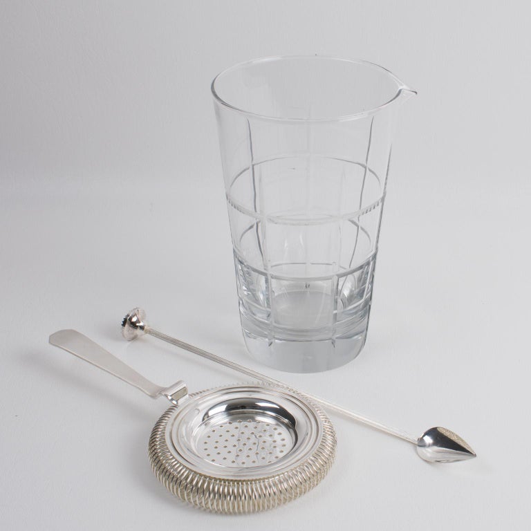 Art Deco Barware Set Silver Plate Shaker and Crystal Martini Mixer in
