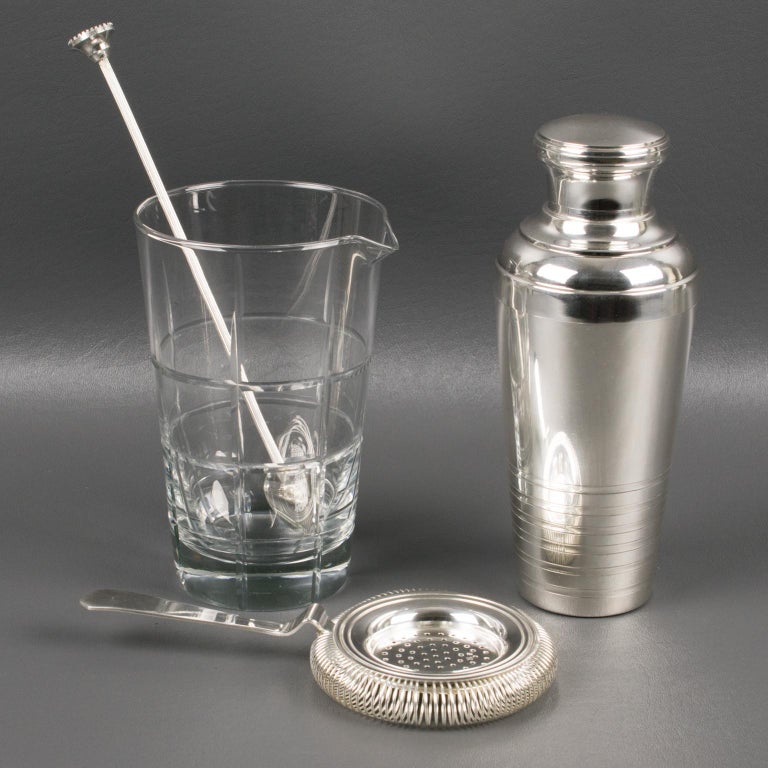 Art Deco Barware Set Silver Plate Shaker and Crystal Martini Mixer in