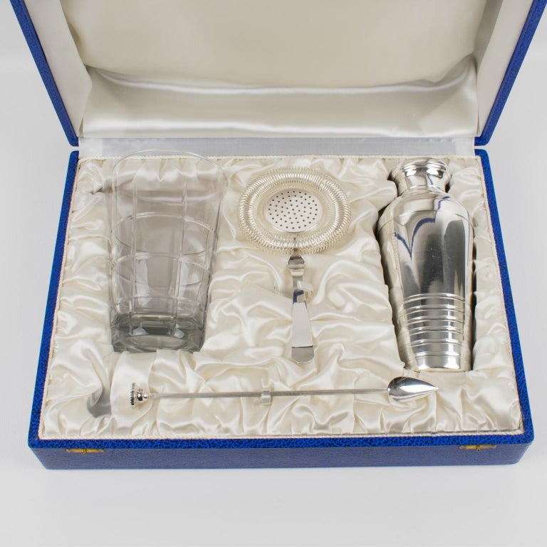 Art Deco Barware Set Silver Plate Shaker and Crystal Martini Mixer in