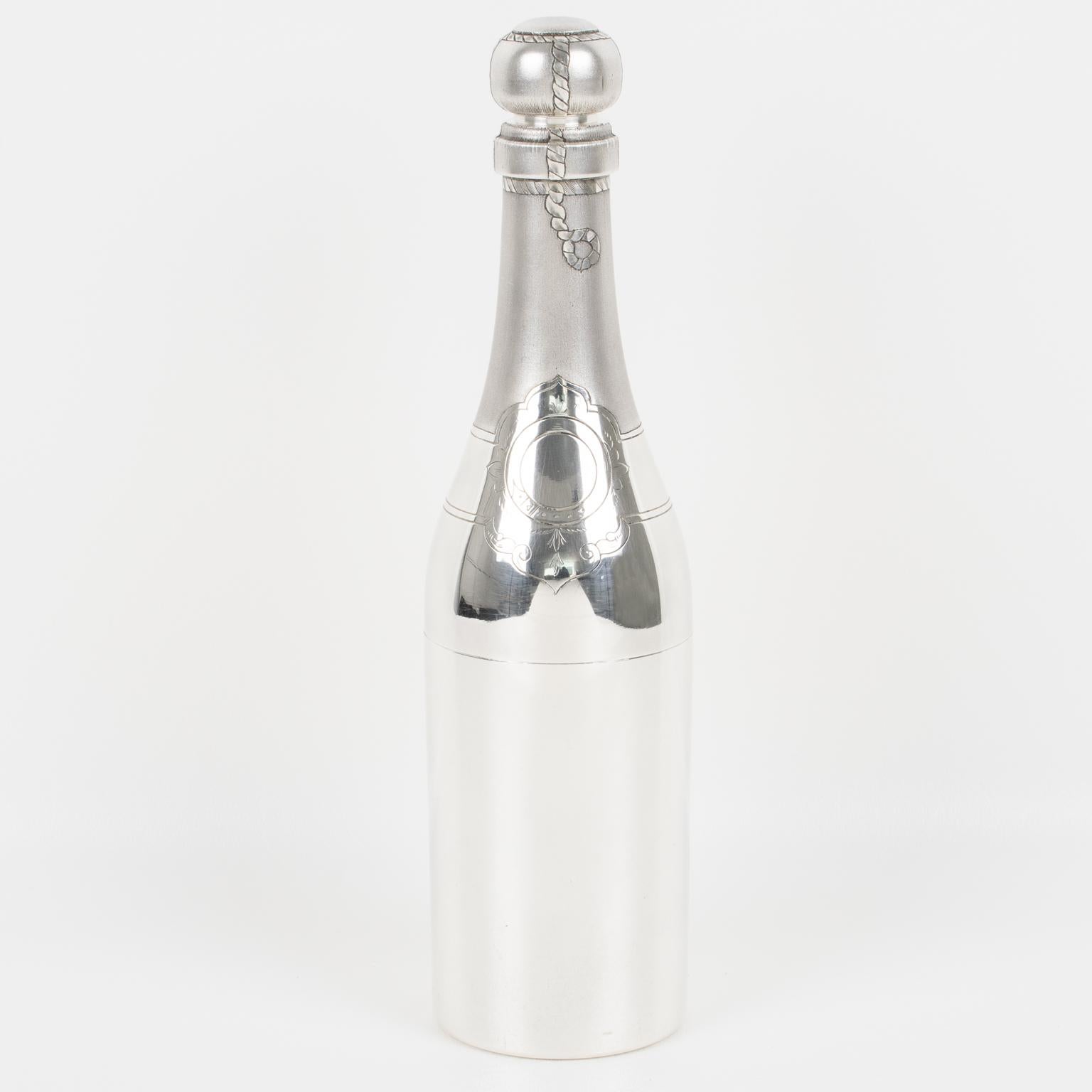 A stunning French Art Deco silver plate cocktail or Martini shaker with a champagne bottle shape designed by silversmith Vautrain, Paris. A tall champagne bottle shape with detailed and refined engraving. Three-sectioned designed cocktail shaker