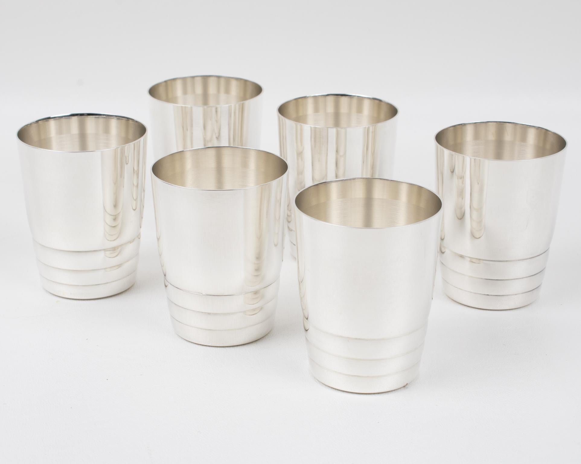 Art Deco Barware Silver Plate Cocktail Shaker and Six Glasses, France 1940s For Sale 4