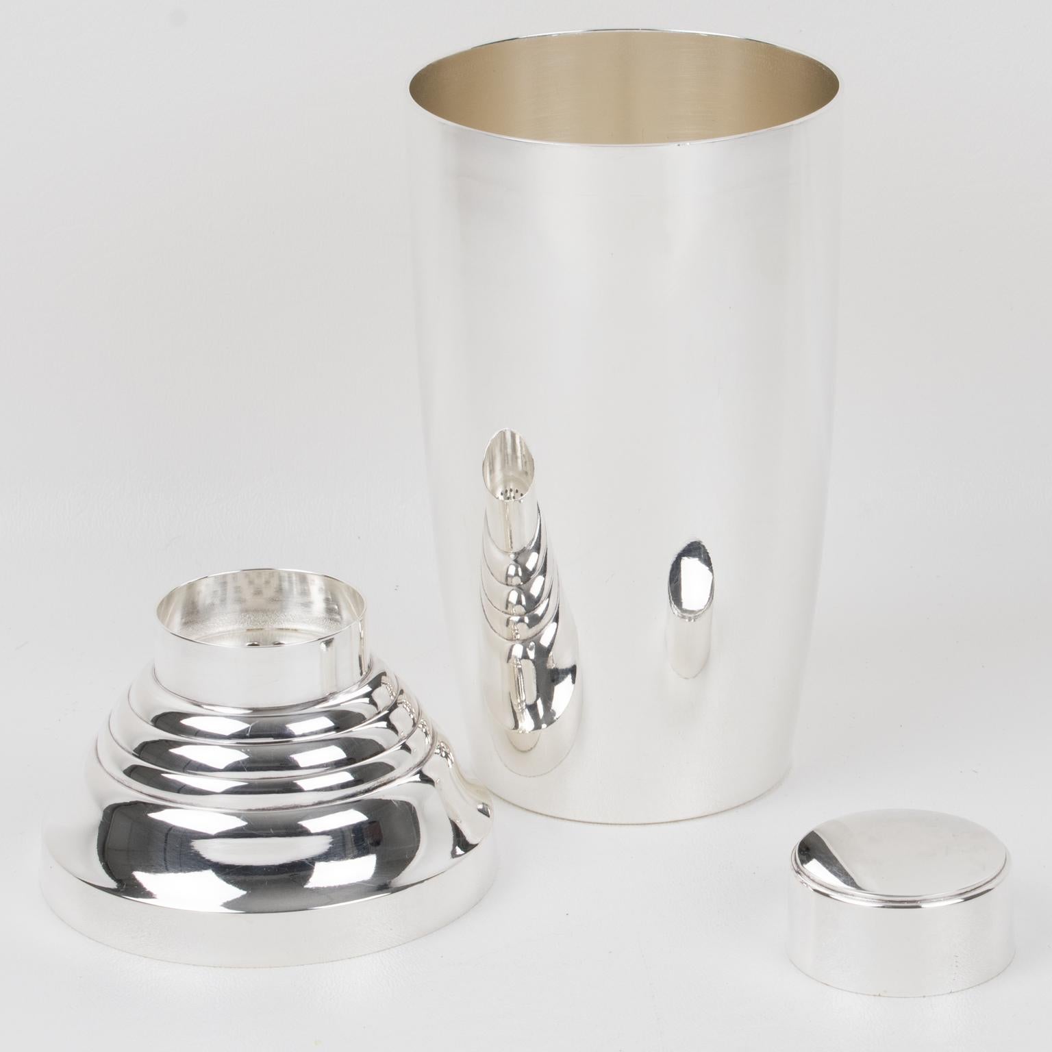 French Art Deco Barware Silver Plate Cocktail Shaker and Six Glasses, France 1940s For Sale