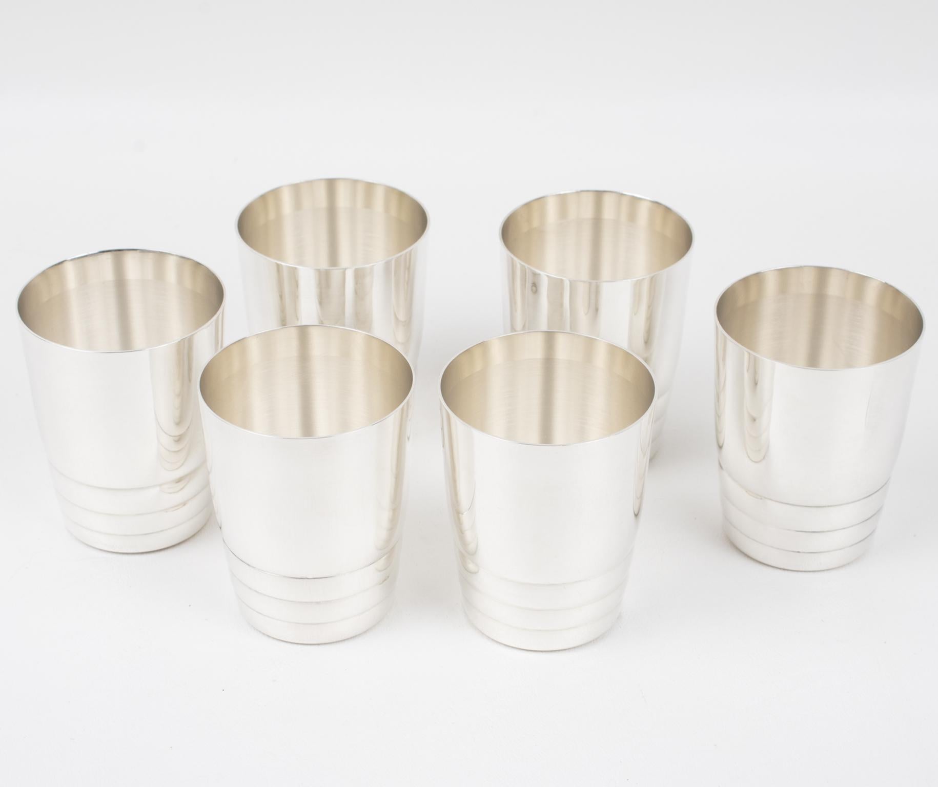 Art Deco Barware Silver Plate Cocktail Shaker and Six Glasses, France 1940s For Sale 2