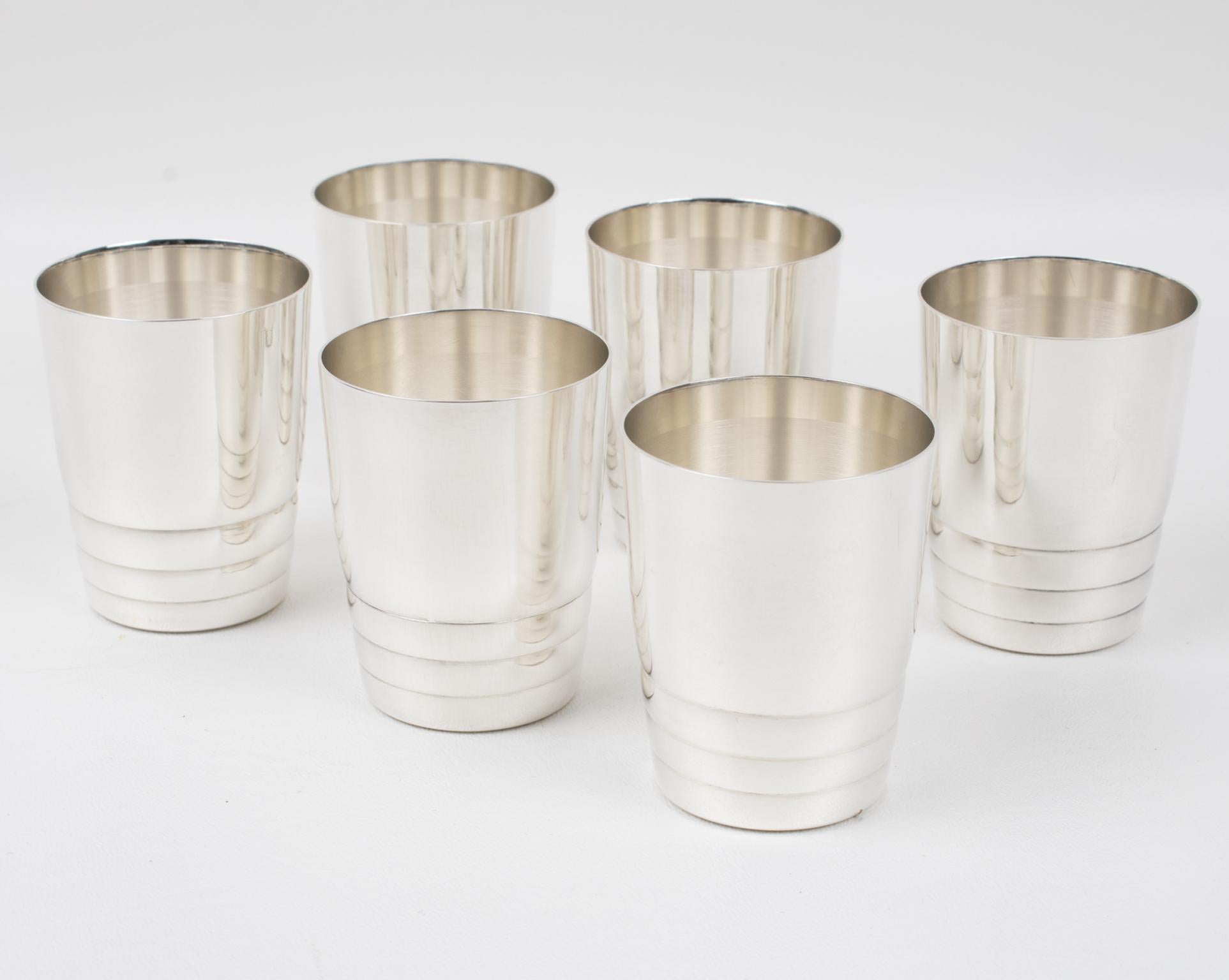 Art Deco Barware Silver Plate Cocktail Shaker and Six Glasses, France 1940s For Sale 3