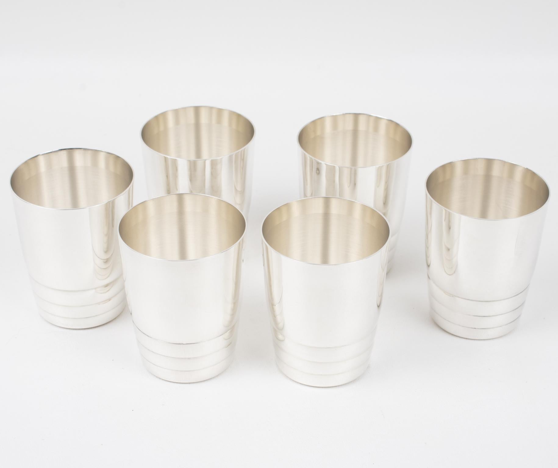Art Deco Barware Silver Plate Cocktail Shaker and Six Glasses, France 1940s For Sale 3