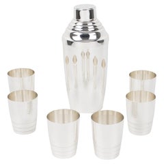 Art Deco Barware Silver Plate Cocktail Shaker and Six Glasses, France 1940s