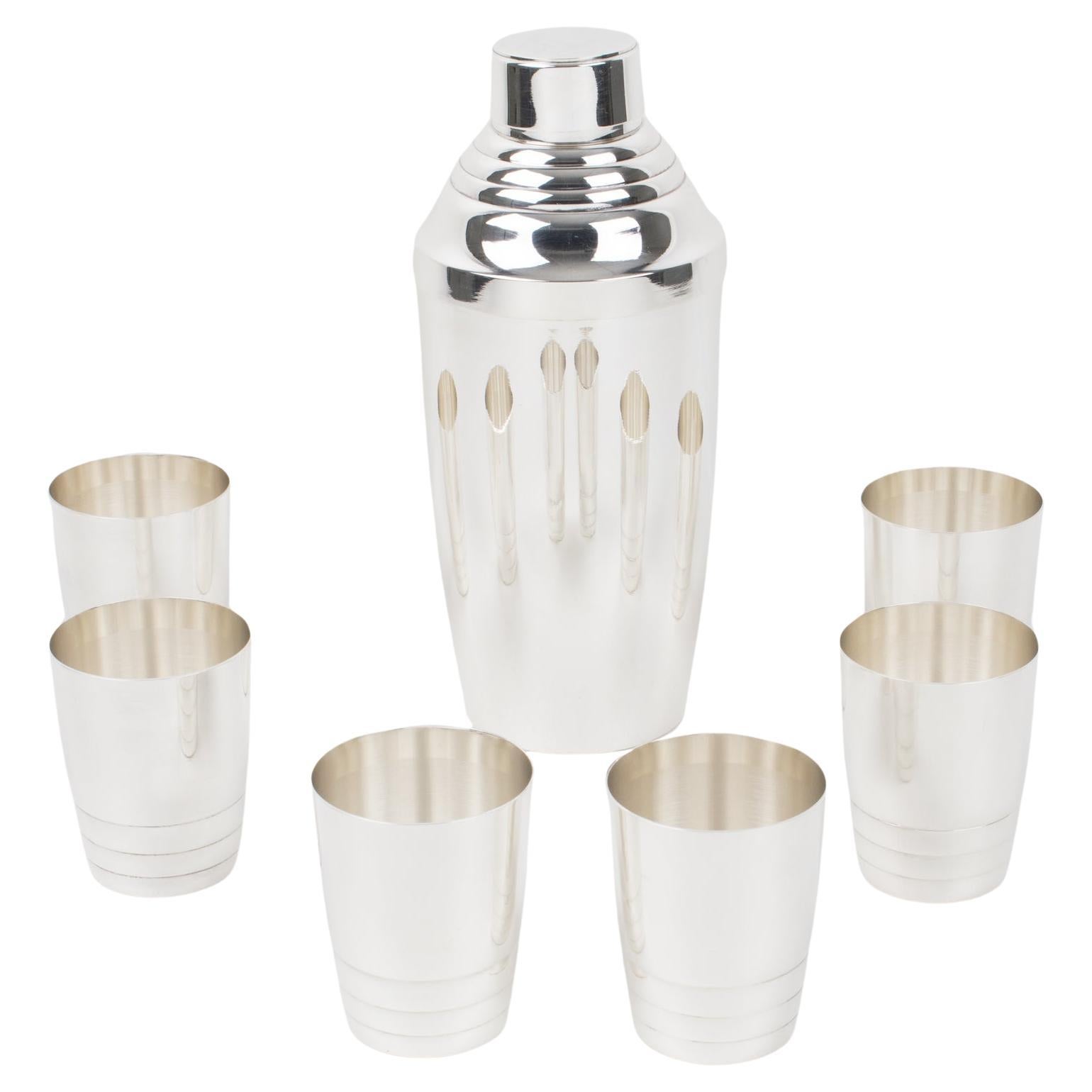 Art Deco Barware Silver Plate Cocktail Shaker and Six Glasses, France 1940s For Sale