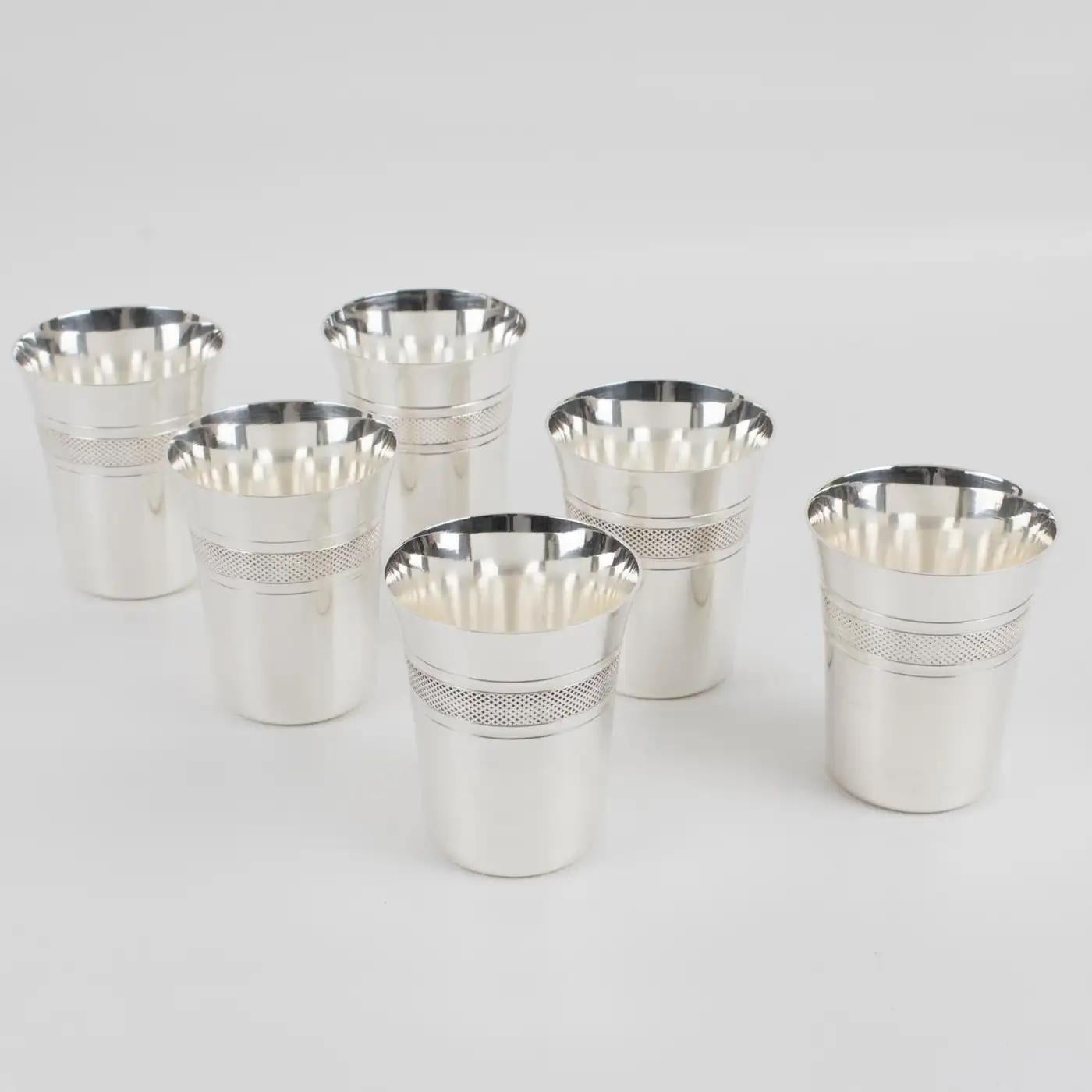 Art Deco Barware Silver Plate Cocktail Shaker and Six Glasses Set, France 1940s 6