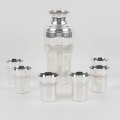 Art Deco Barware Silver Plate Cocktail Shaker and Six Glasses Set, France 1940s
