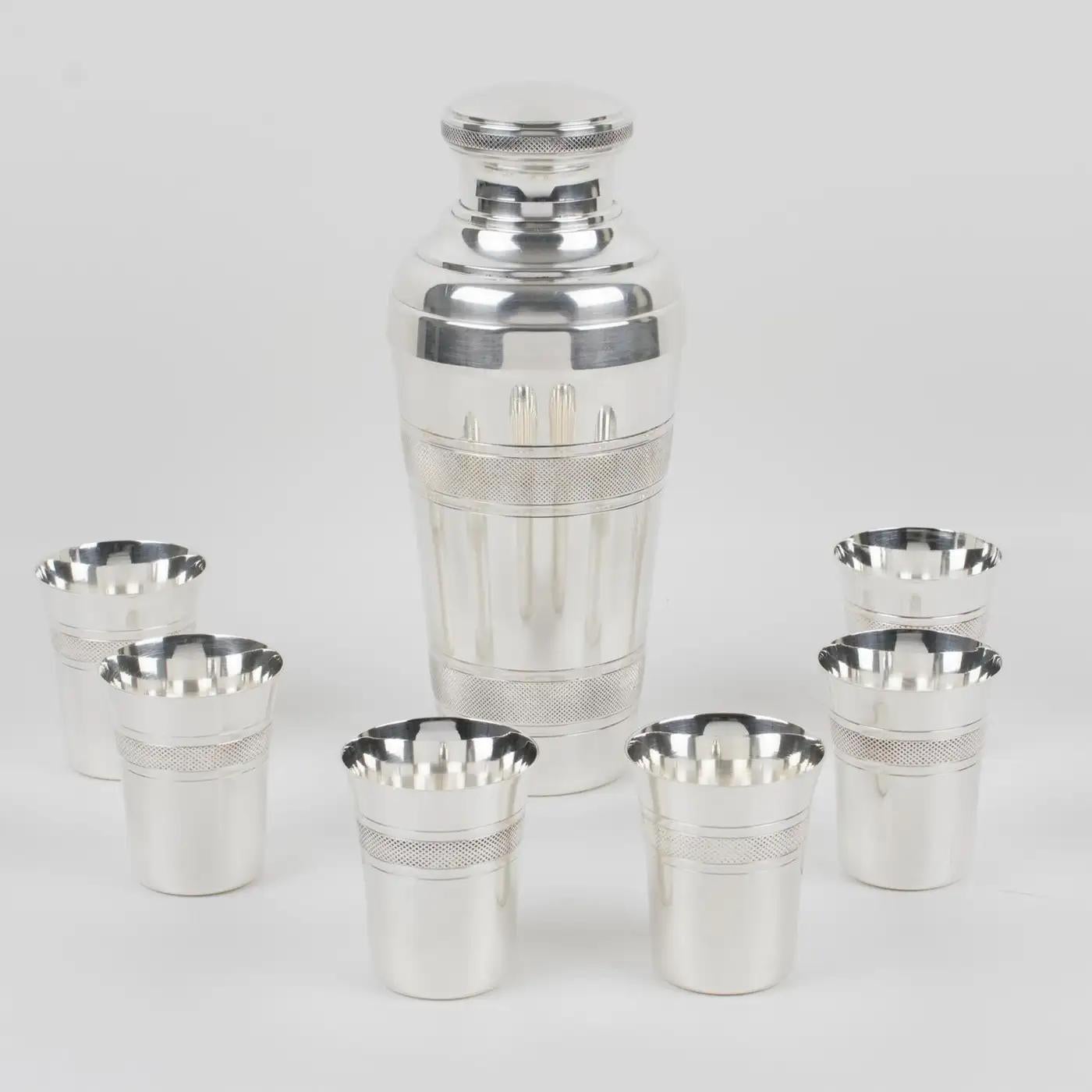French Art Deco Barware Silver Plate Cocktail Shaker and Six Glasses Set, France 1940s