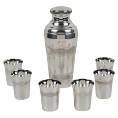 Art Deco Barware Silver Plate Cocktail Shaker and Six Glasses Set, France 1940s