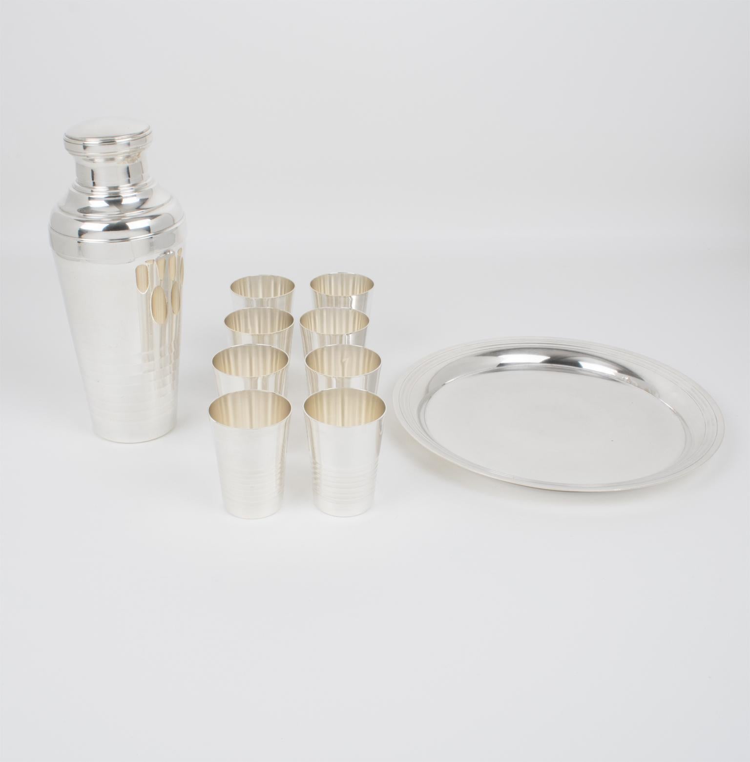 French Art Deco Barware Silver Plate Cocktail Shaker, Eight Glasses and Tray Set, 1940s For Sale