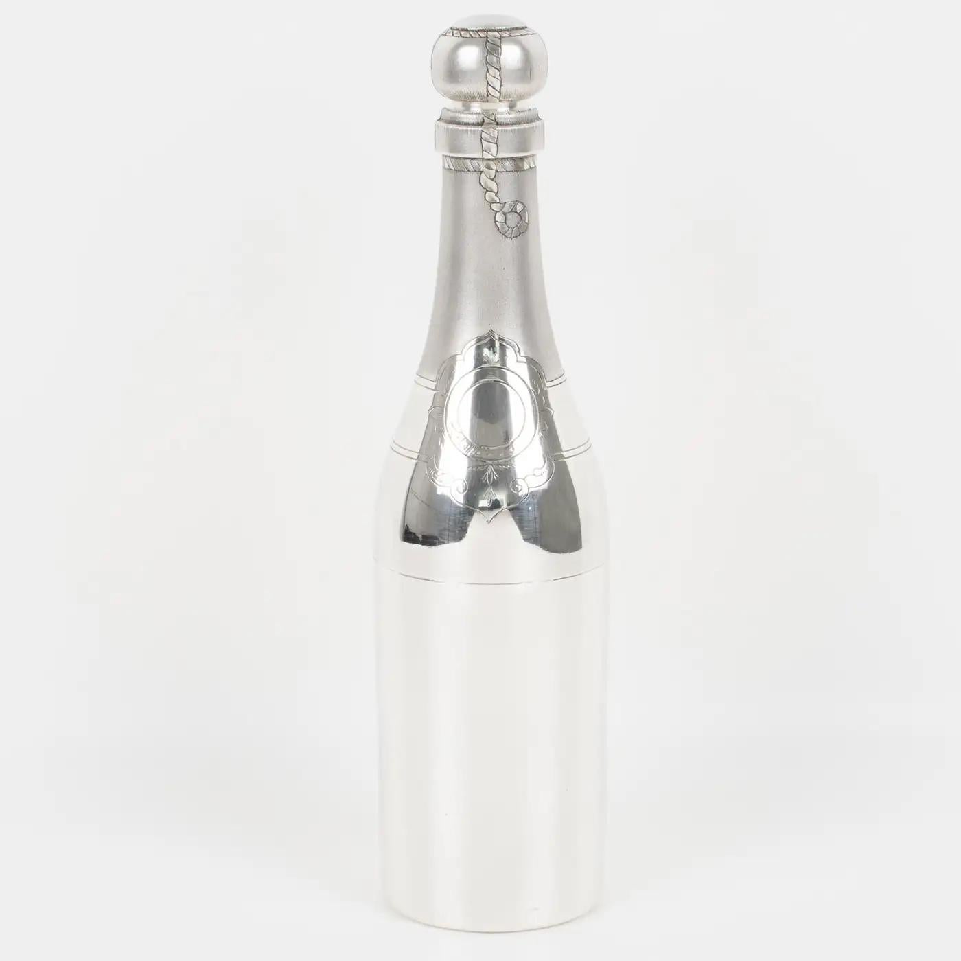 A stunning French Art Deco silver plate cocktail or Martini shaker with a champagne bottle shape designed by silversmith Vautrain, Paris. A tall champagne bottle shape with detailed and refined engraving. Three-sectioned designed cocktail shaker