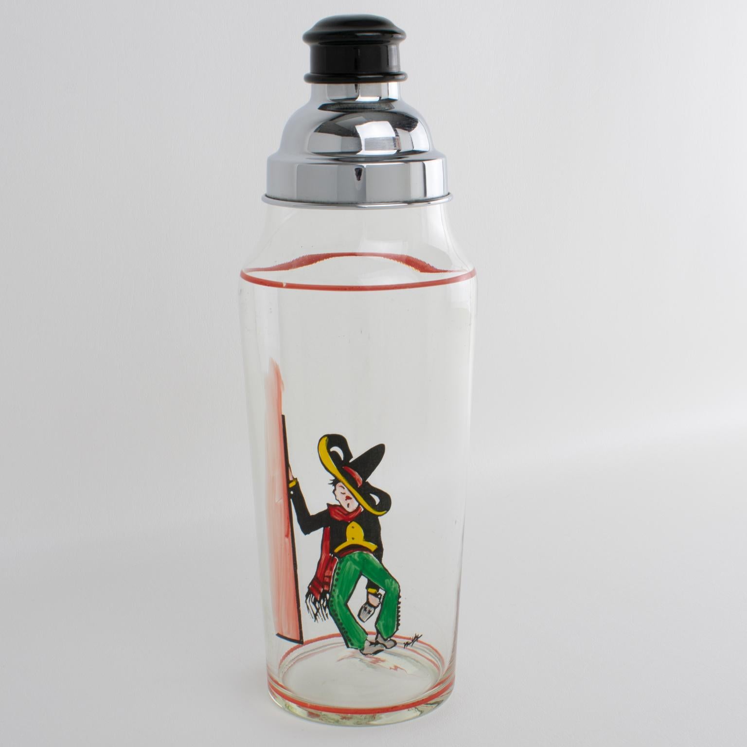 This gorgeous Art Deco Martini or cocktail shaker was crafted in The United States circa 1930. This three-cylindrical sectioned form has a removable cap and filter strainer. The shaker boasts a clear glass container with a chromed and painted