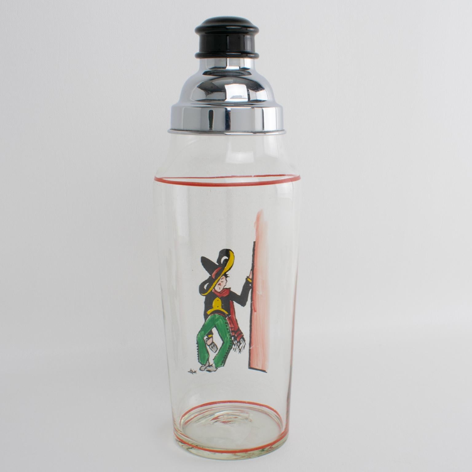 Art Deco Barware Tall Glass Martini Cocktail Shaker with Cartoonist Decor In Good Condition In Atlanta, GA