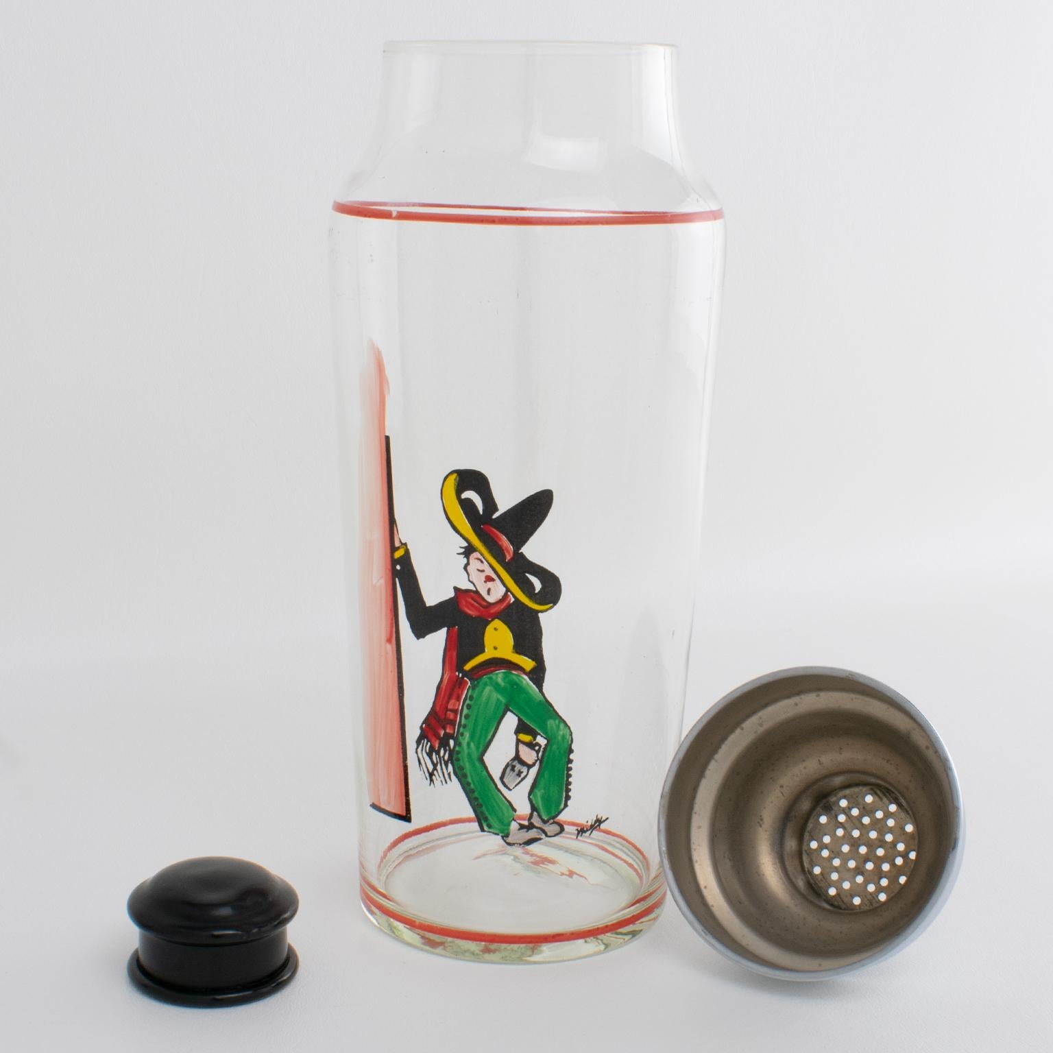 Metal Art Deco Barware Tall Glass Martini Cocktail Shaker with Cartoonist Decor