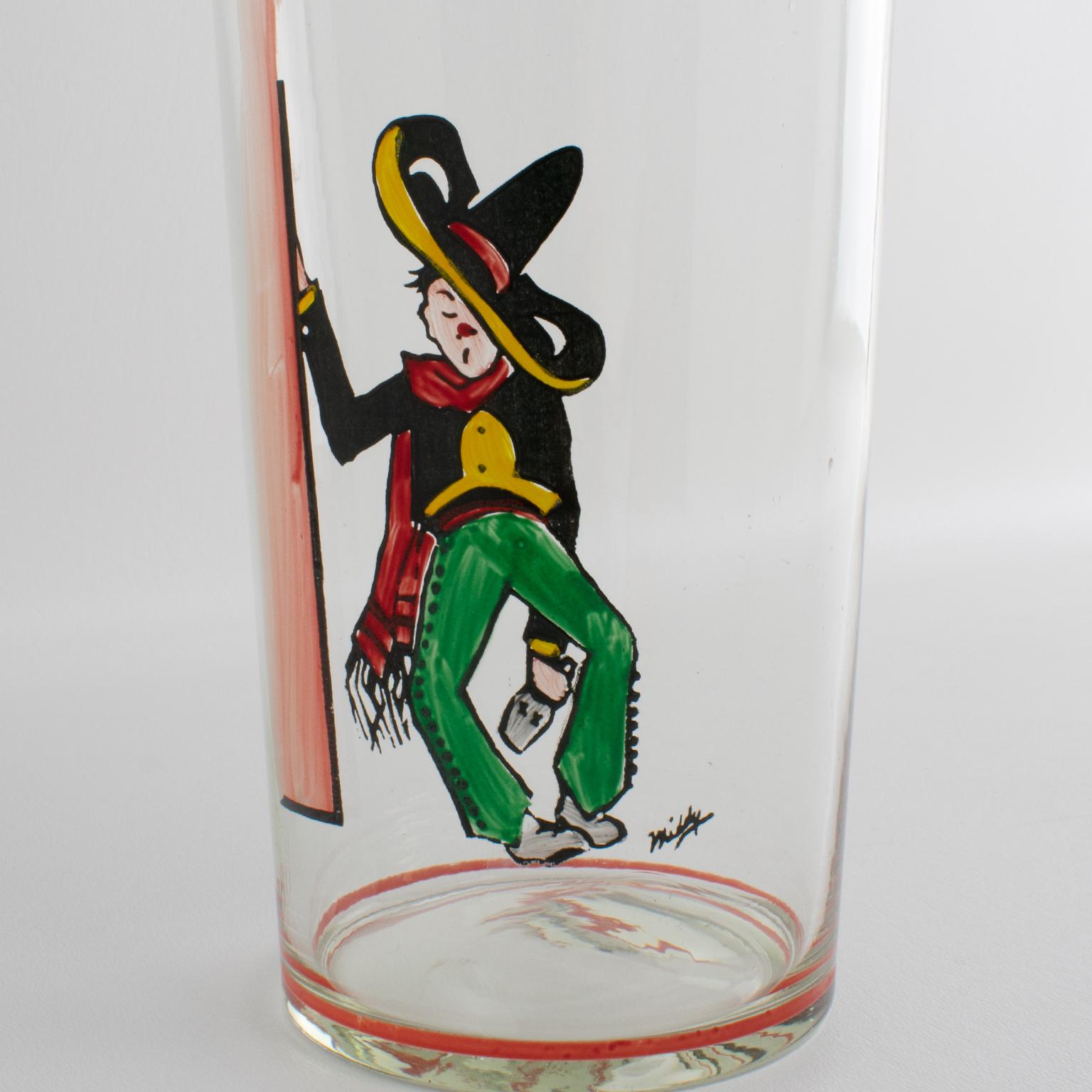 Art Deco Barware Tall Glass Martini Cocktail Shaker with Cartoonist Decor 1