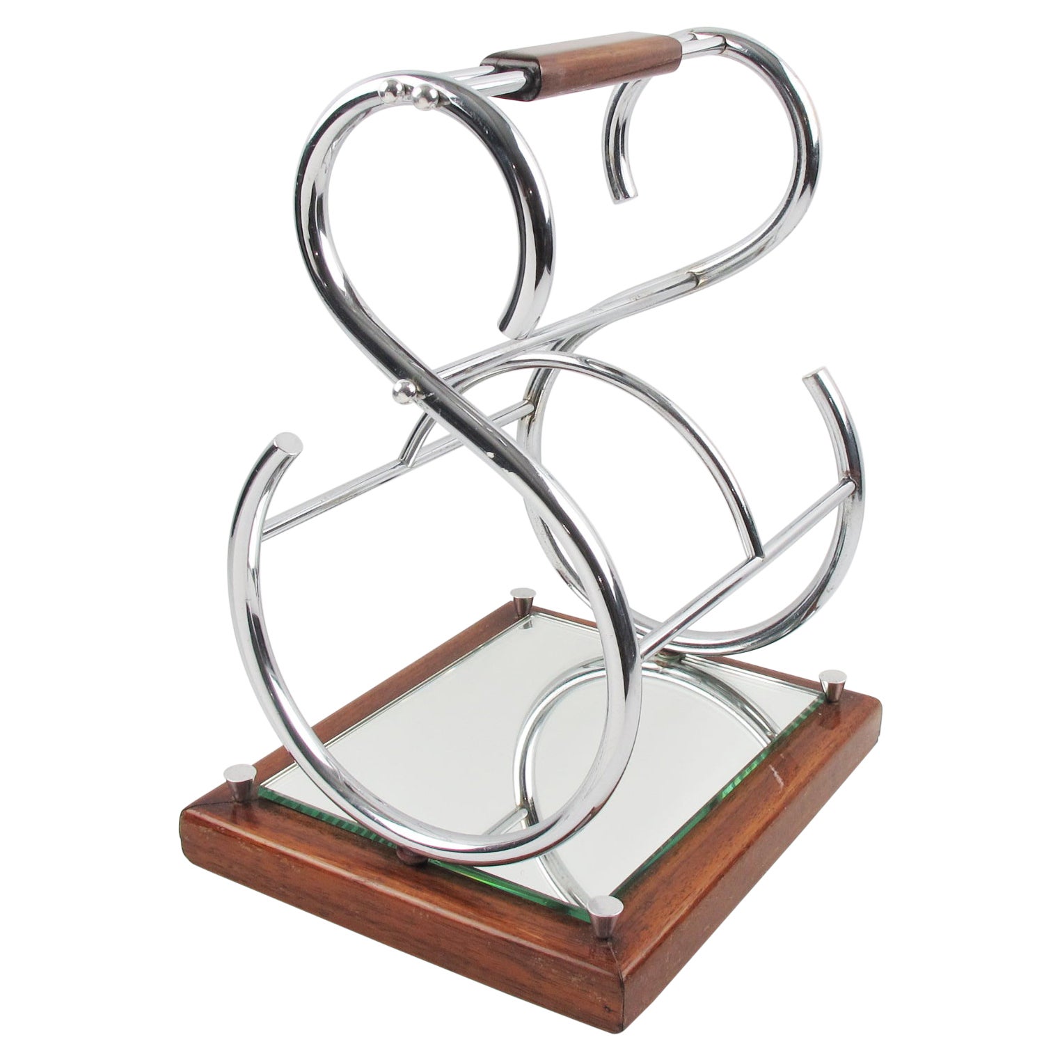 Porte-bouteilles de vin Art Déco en métal, miroir et bois