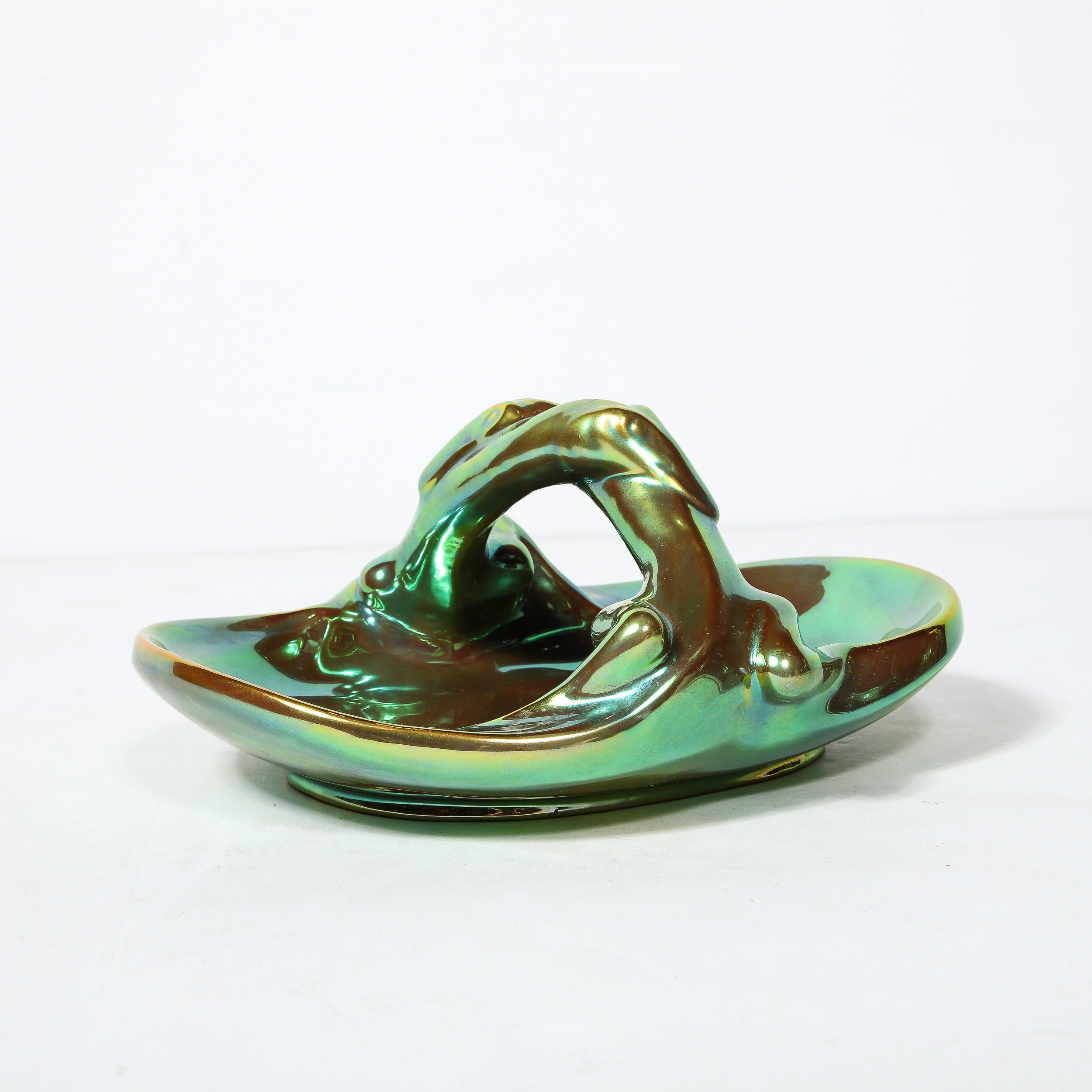 Art Deco Basket Form Ceramic Dish of Entwined Lizards by Zsolnay Eosin For Sale 6