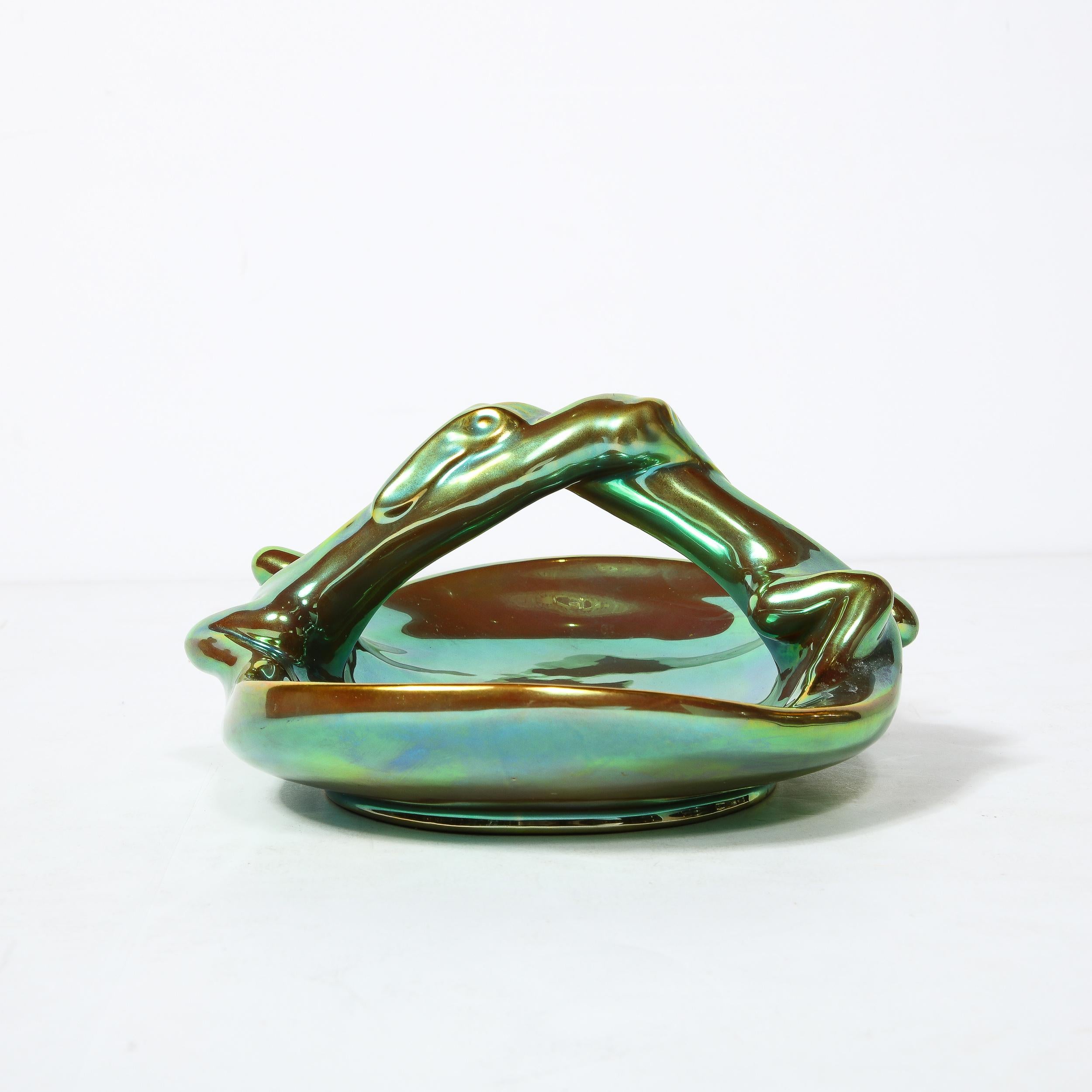 Art Deco Basket Form Ceramic Dish of Entwined Lizards by Zsolnay Eosin For Sale 7