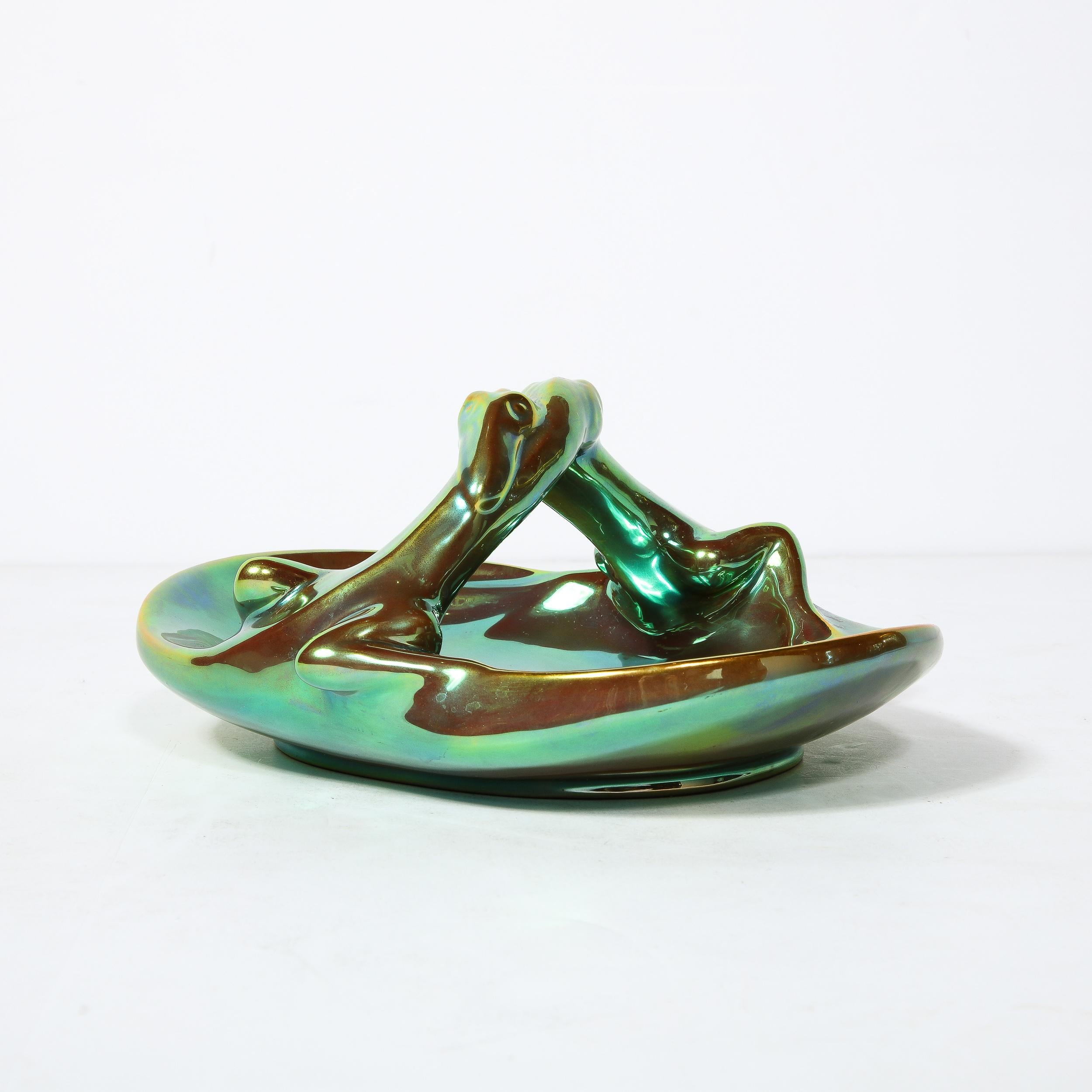 Art Deco Basket Form Ceramic Dish of Entwined Lizards by Zsolnay Eosin For Sale 8