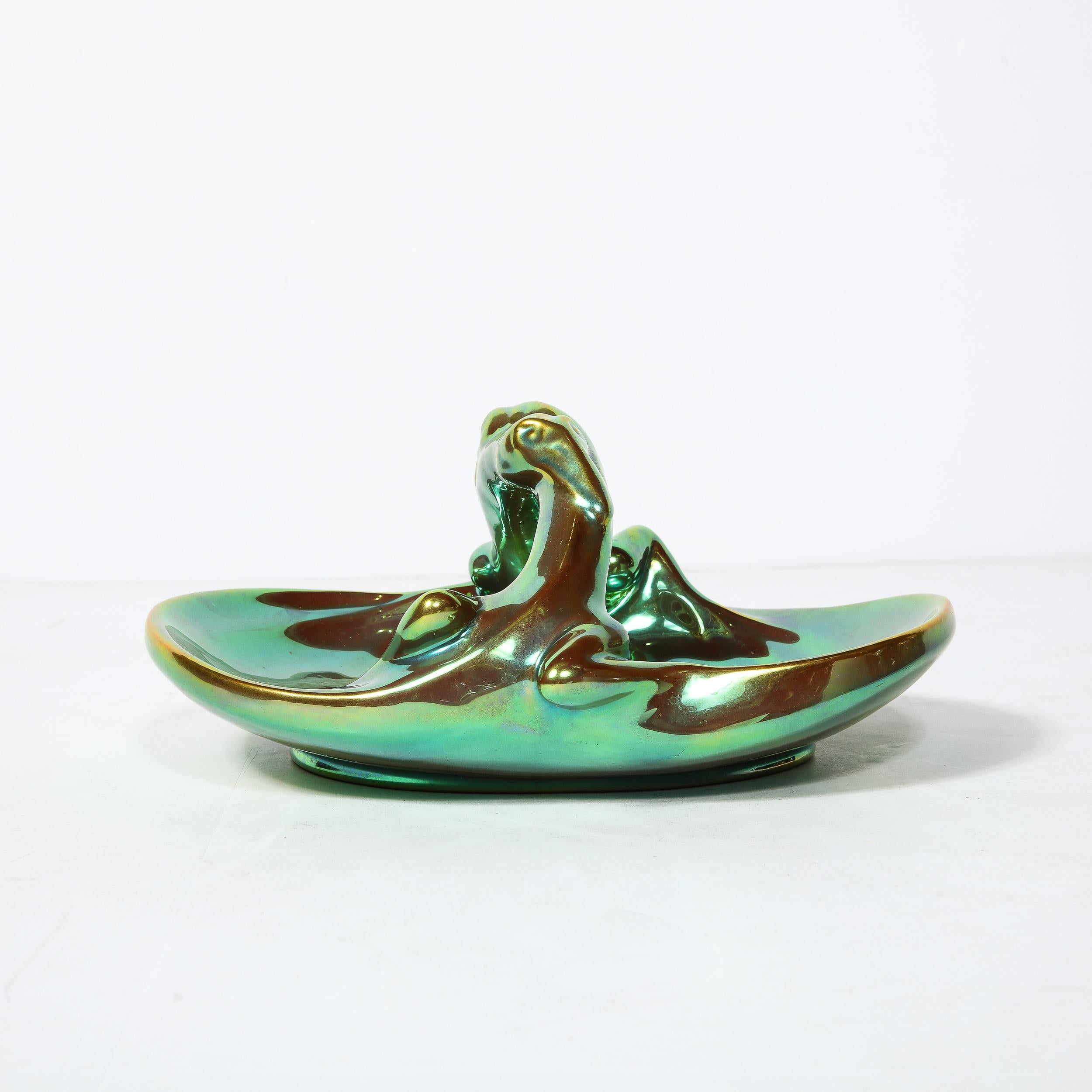 Art Deco Basket Form Ceramic Dish of Entwined Lizards by Zsolnay Eosin For Sale 9