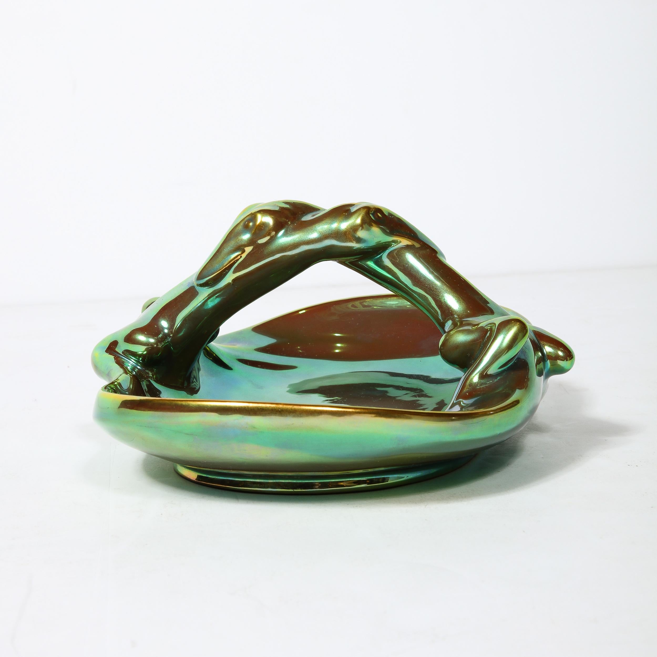 Art Deco Basket Form Ceramic Dish of Entwined Lizards by Zsolnay Eosin For Sale 11