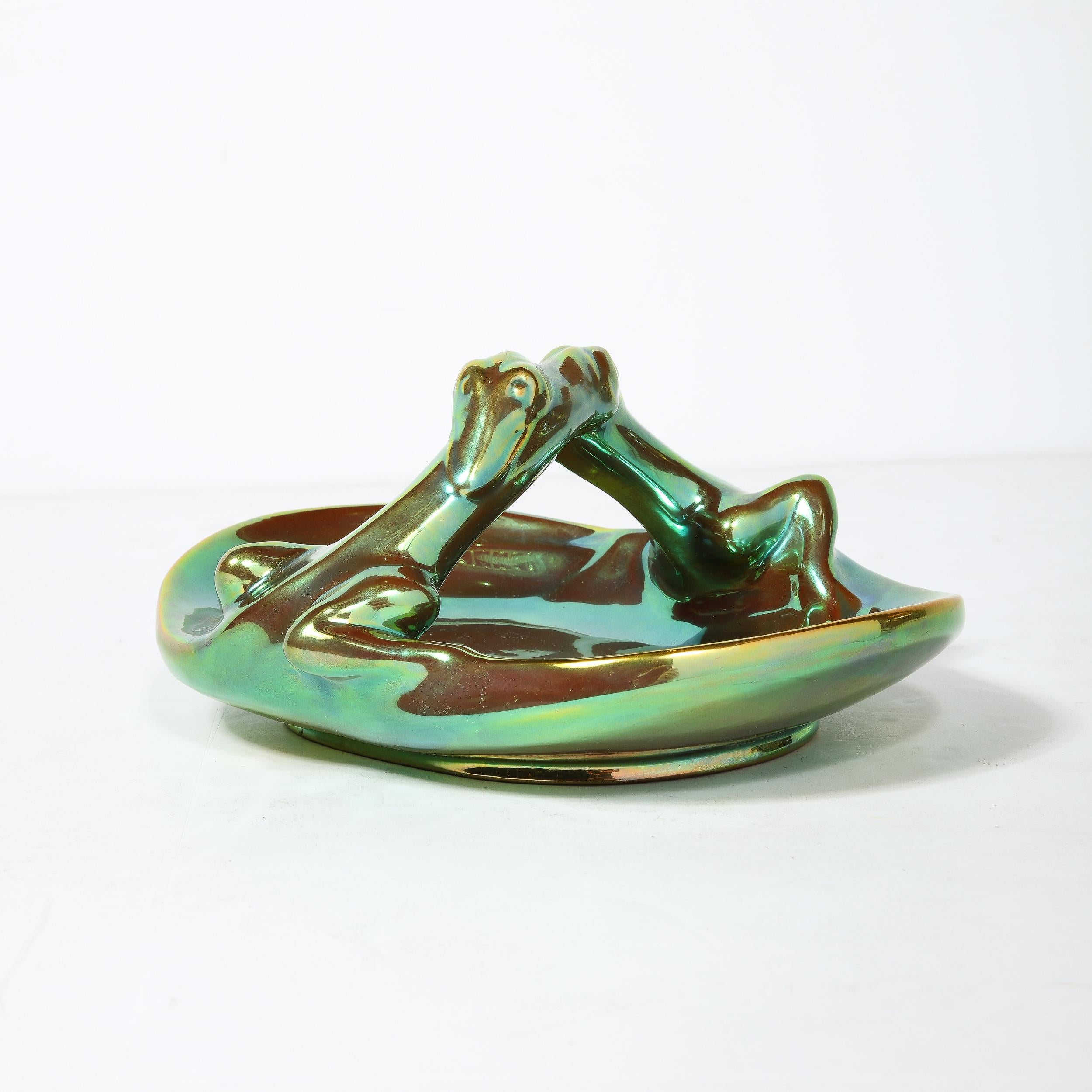 Art Deco Basket Form Ceramic Dish of Entwined Lizards by Zsolnay Eosin For Sale 12