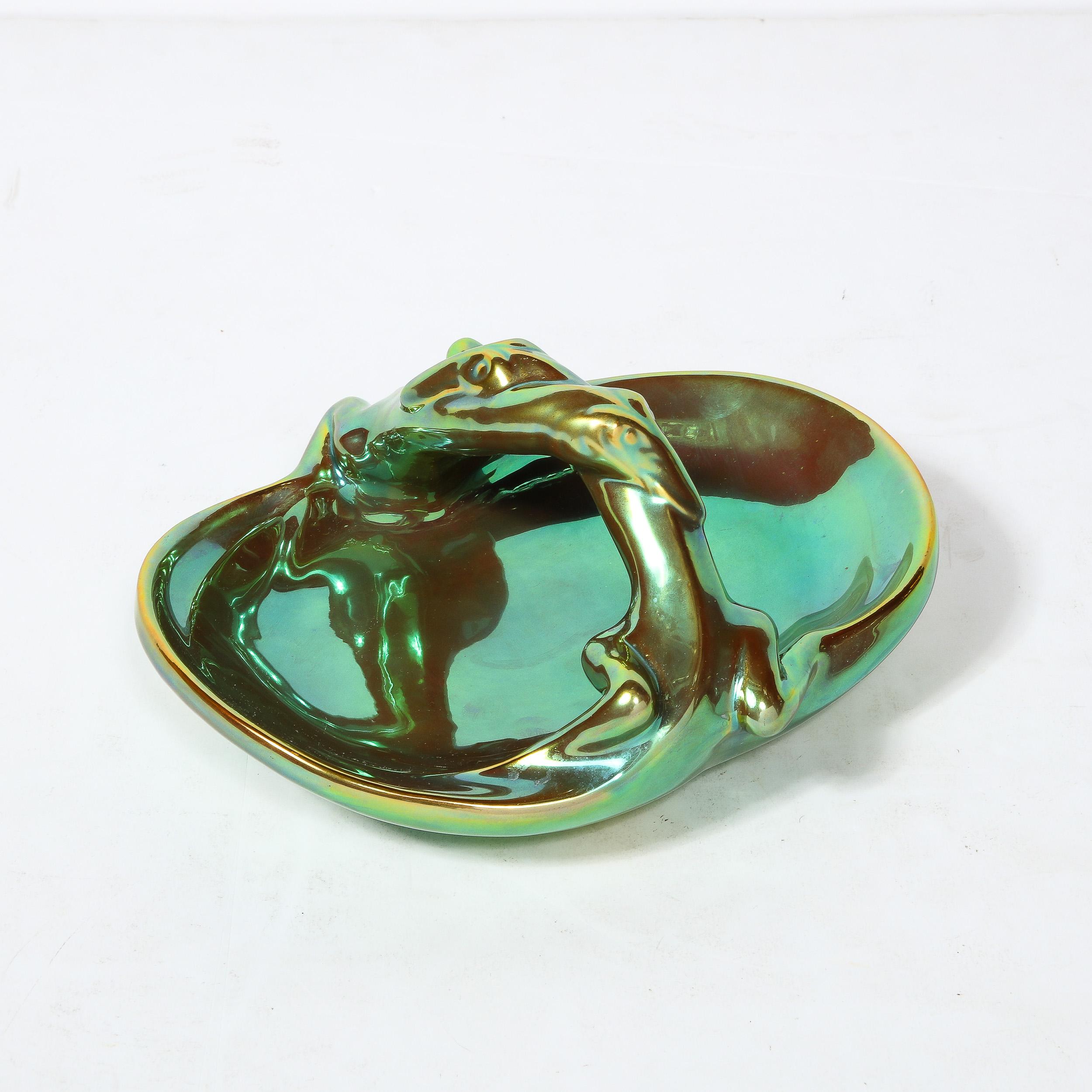Art Deco Basket Form Ceramic Dish of Entwined Lizards by Zsolnay Eosin For Sale 14
