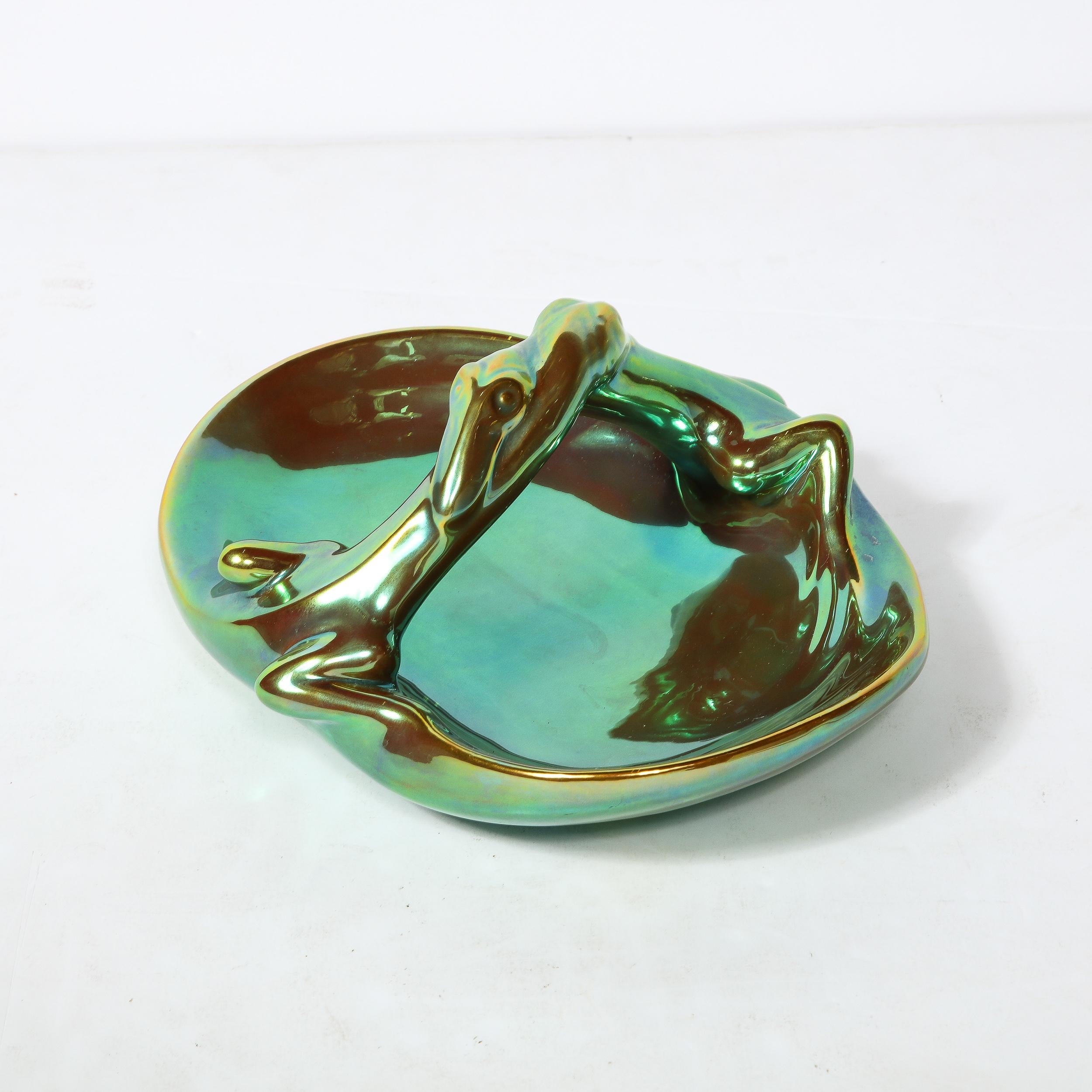 Hungarian Art Deco Basket Form Ceramic Dish of Entwined Lizards by Zsolnay Eosin For Sale