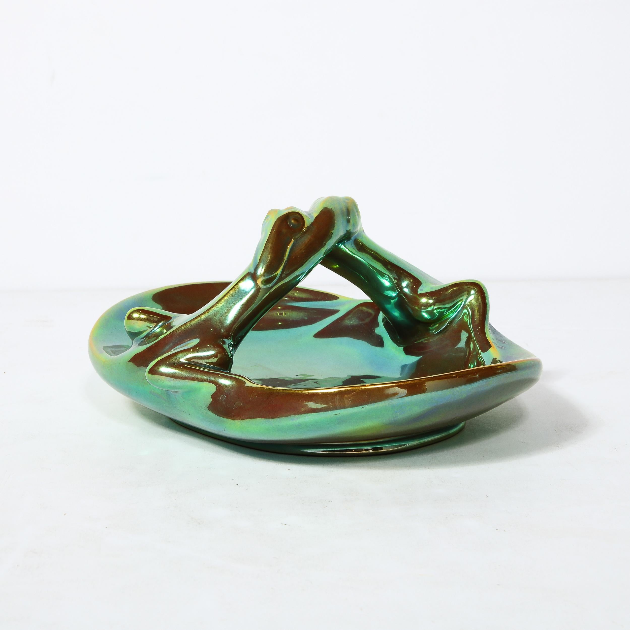 Art Deco Basket Form Ceramic Dish of Entwined Lizards by Zsolnay Eosin In Excellent Condition For Sale In New York, NY