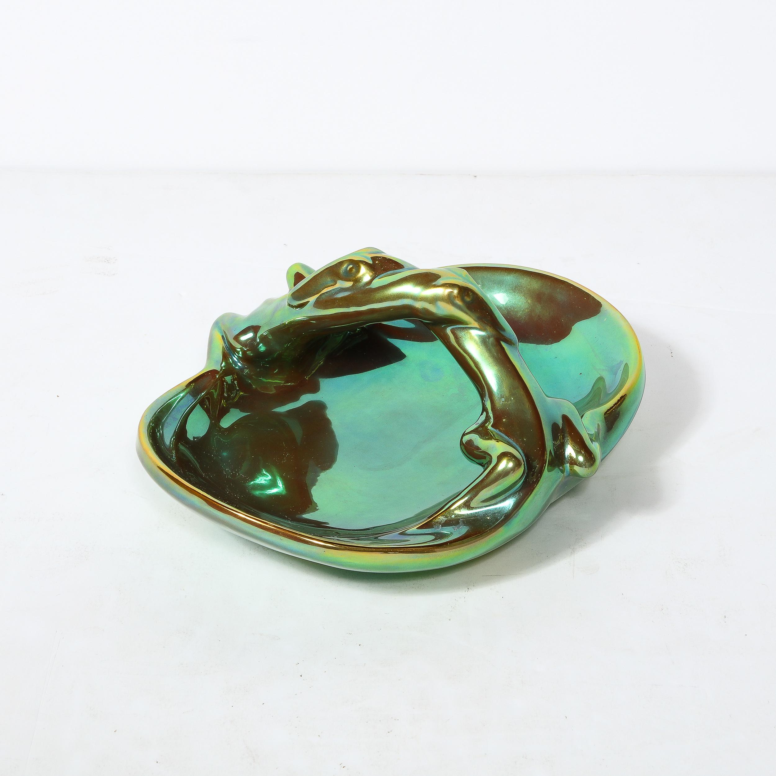 Art Deco Basket Form Ceramic Dish of Entwined Lizards by Zsolnay Eosin For Sale 1