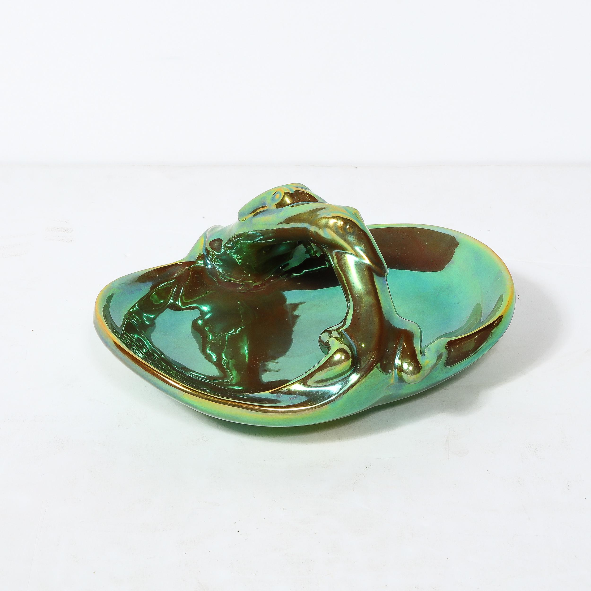 Art Deco Basket Form Ceramic Dish of Entwined Lizards by Zsolnay Eosin For Sale 2