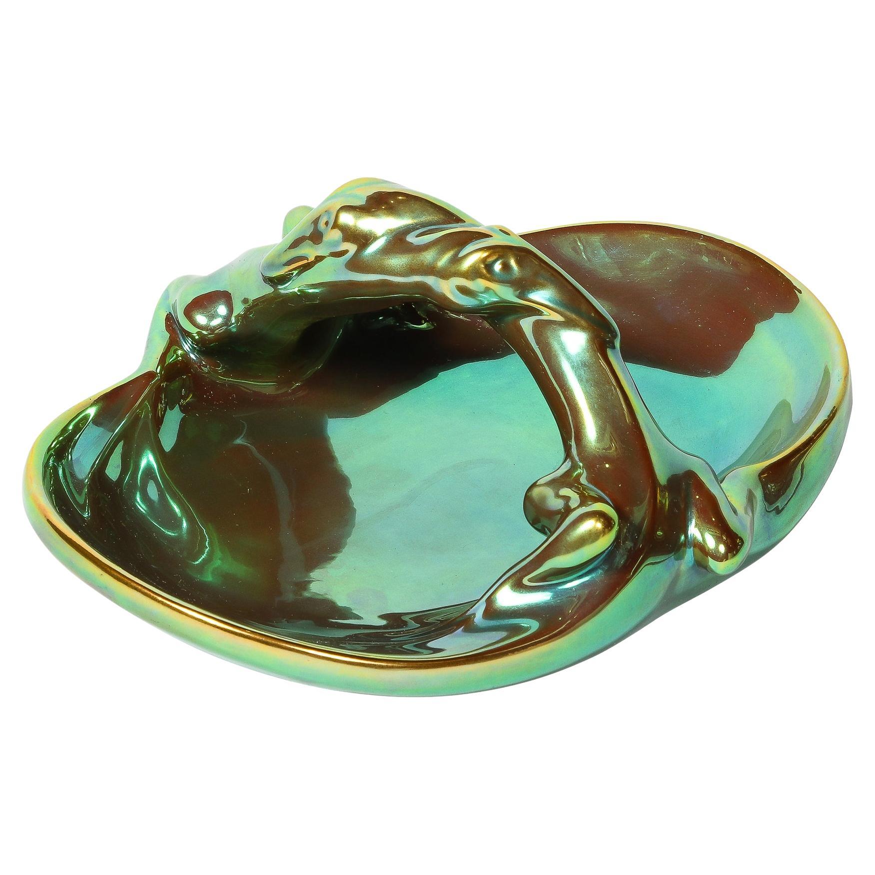 Art Deco Basket Form Ceramic Dish of Entwined Lizards by Zsolnay Eosin For Sale
