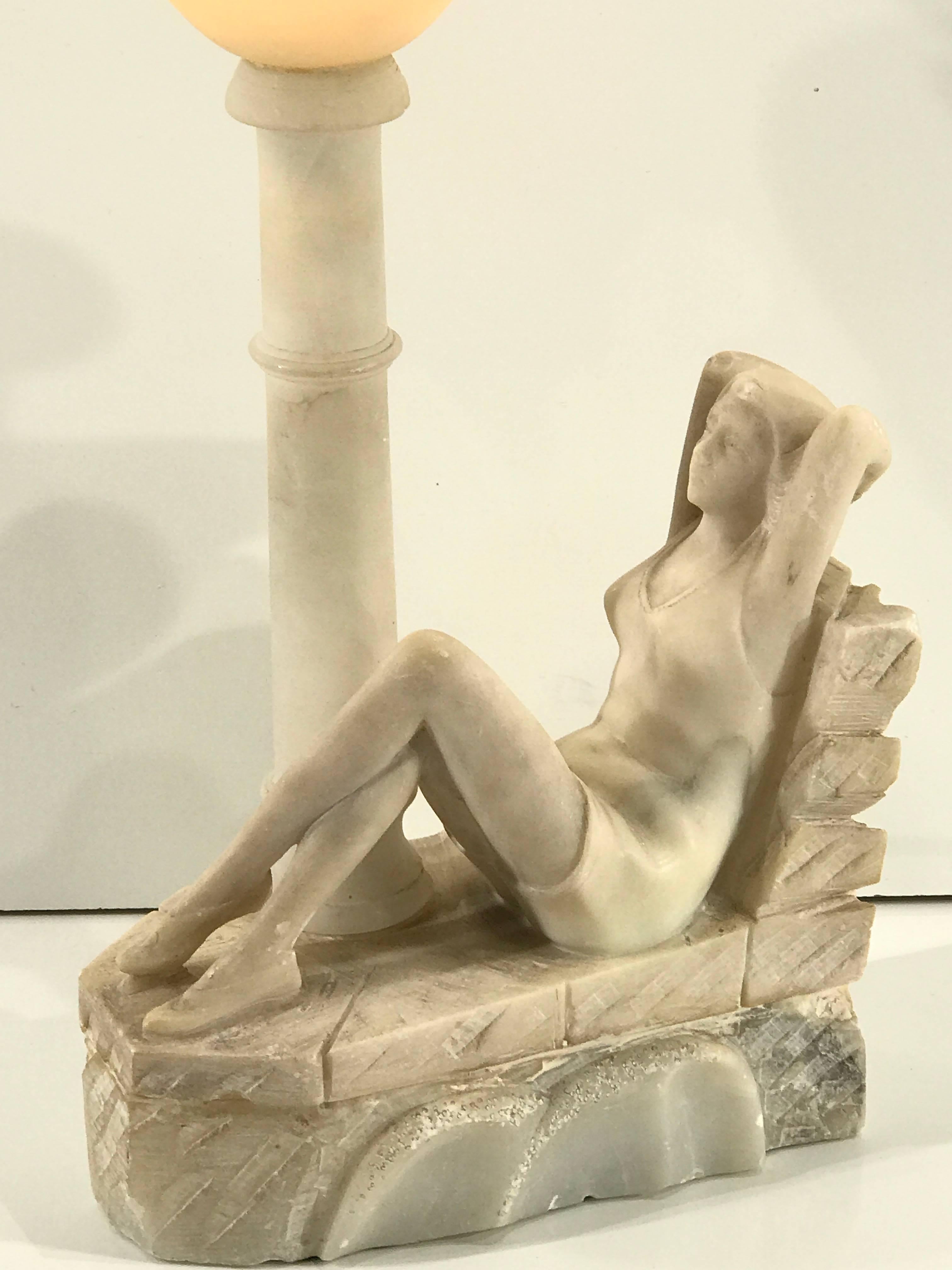 French Art Deco Bathing Beauty Carved Alabaster and Marble Boudoir/Table Lamp