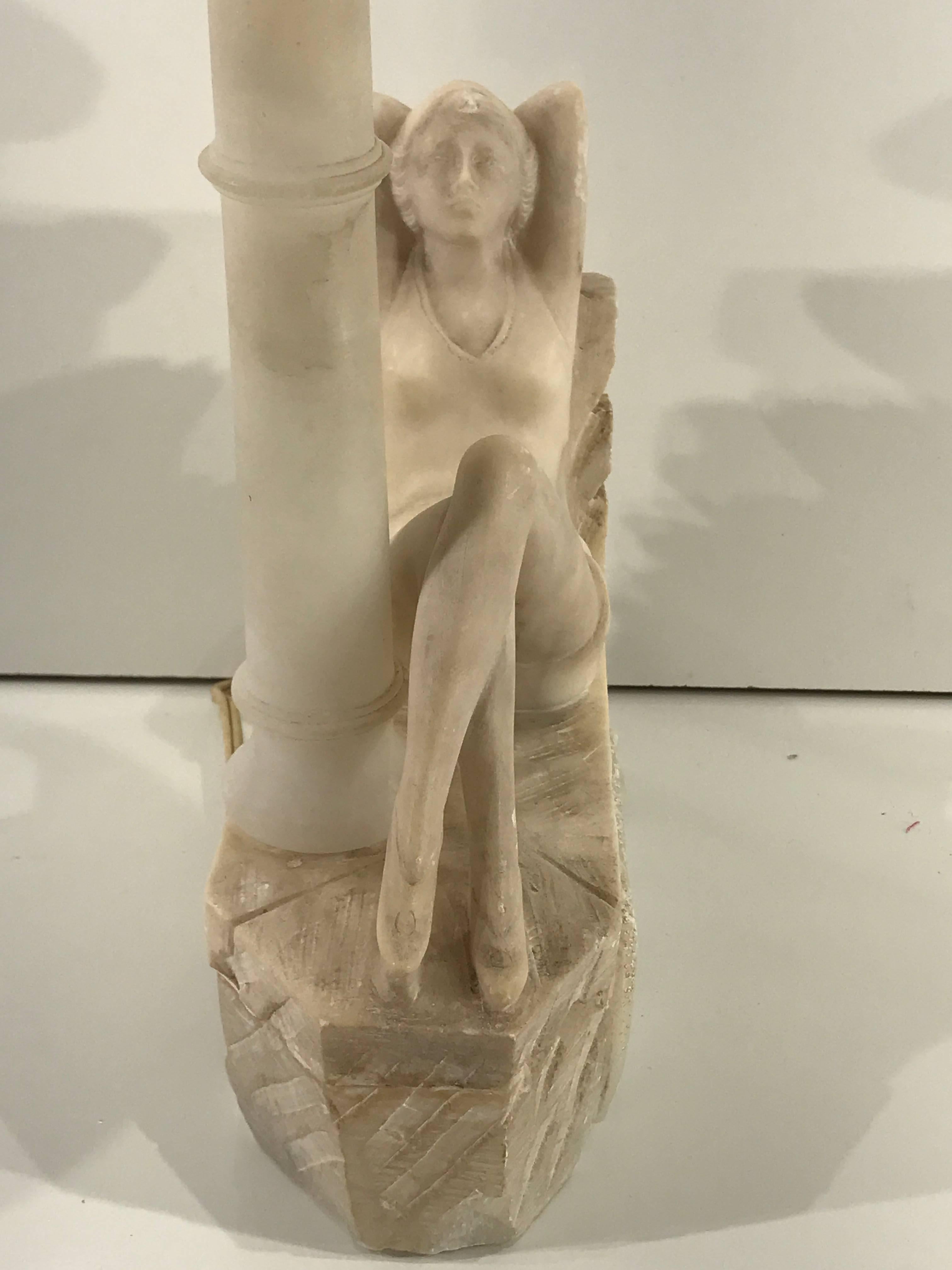 Art Deco Bathing Beauty Carved Alabaster and Marble Boudoir/Table Lamp 2