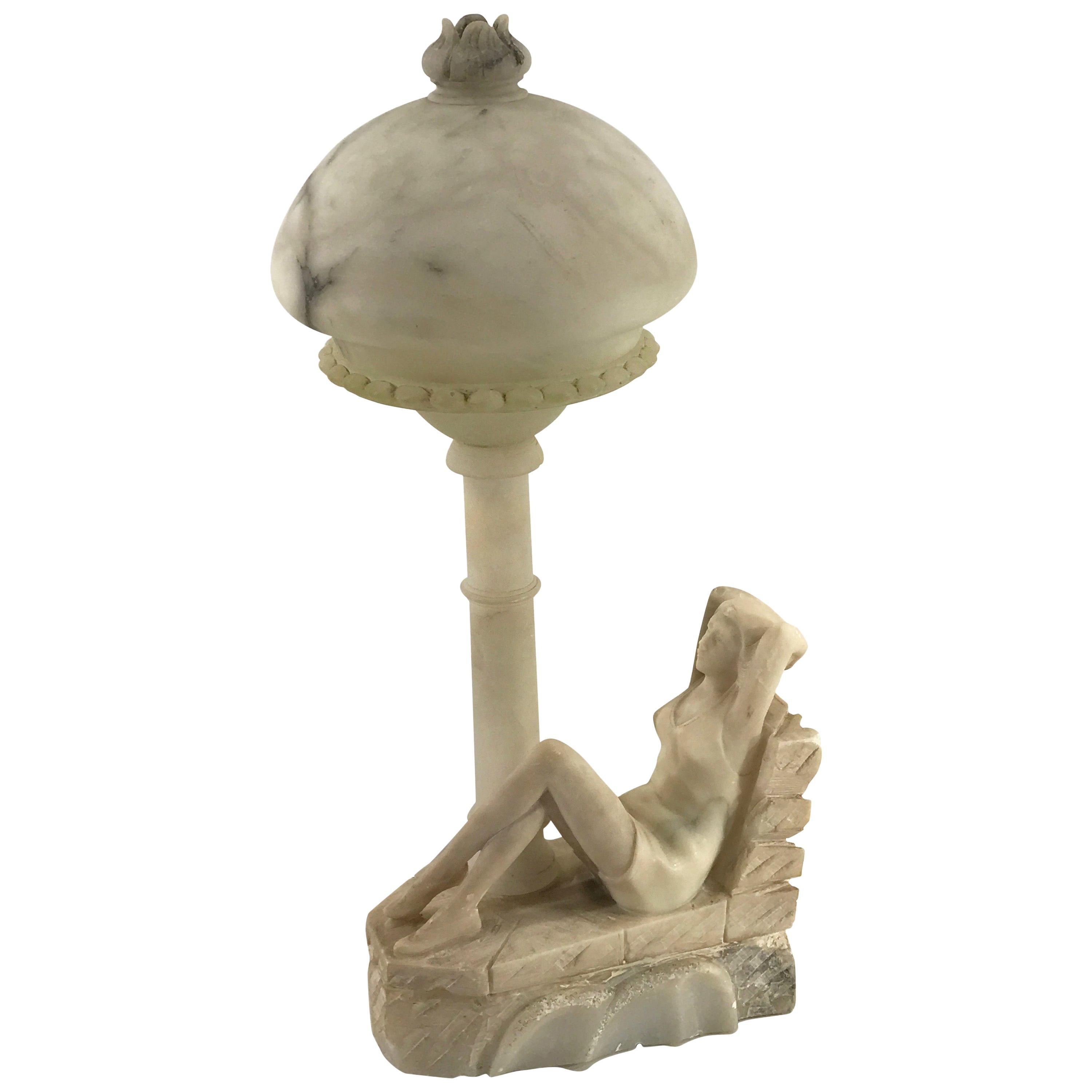 Art Deco Bathing Beauty Carved Alabaster and Marble Boudoir/Table Lamp