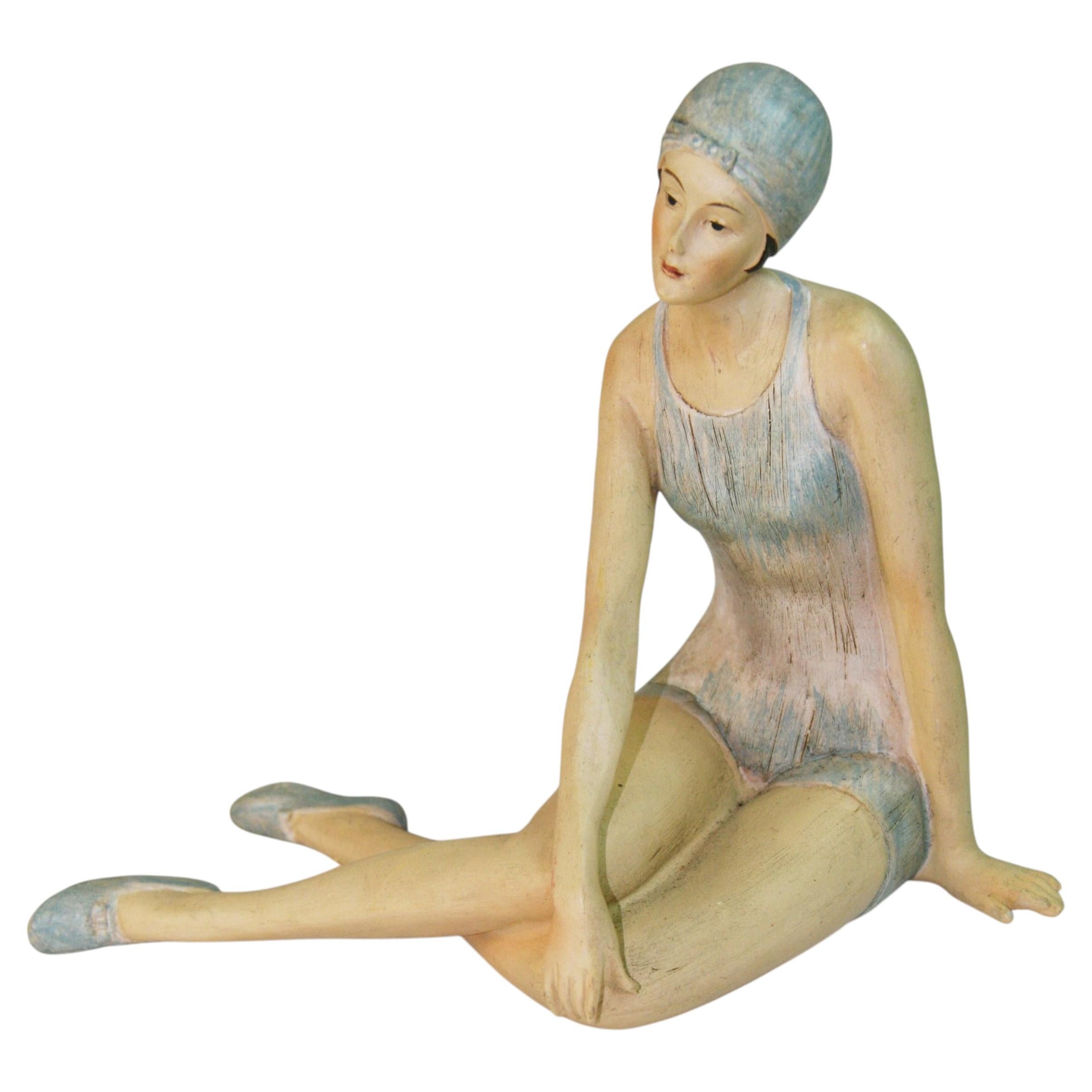 Art Deco Bathing Beauty Sculpture, Hand Painted Cast Stone, 1990 For Sale