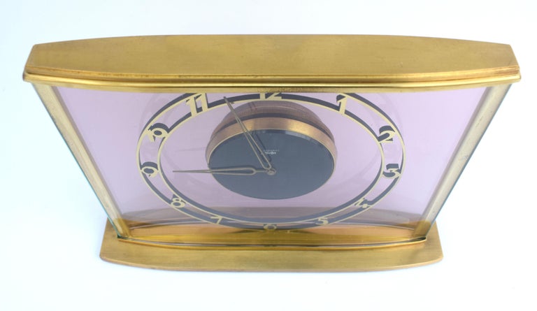 German Art Deco Bauhaus 8 Day Brass & Glass Clock by Junghans, circa 1930 For Sale