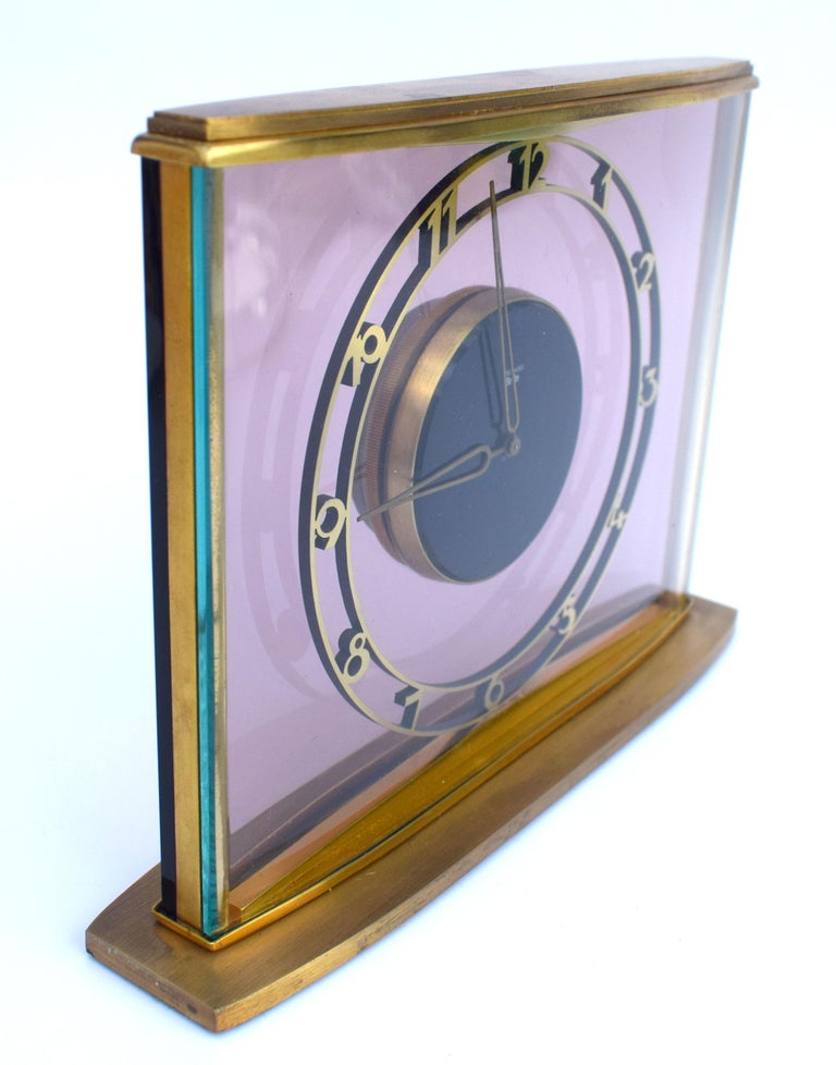 Art Deco Bauhaus 8 Day Brass & Glass Clock by Junghans, circa 1930 In Good Condition For Sale In Devon, England