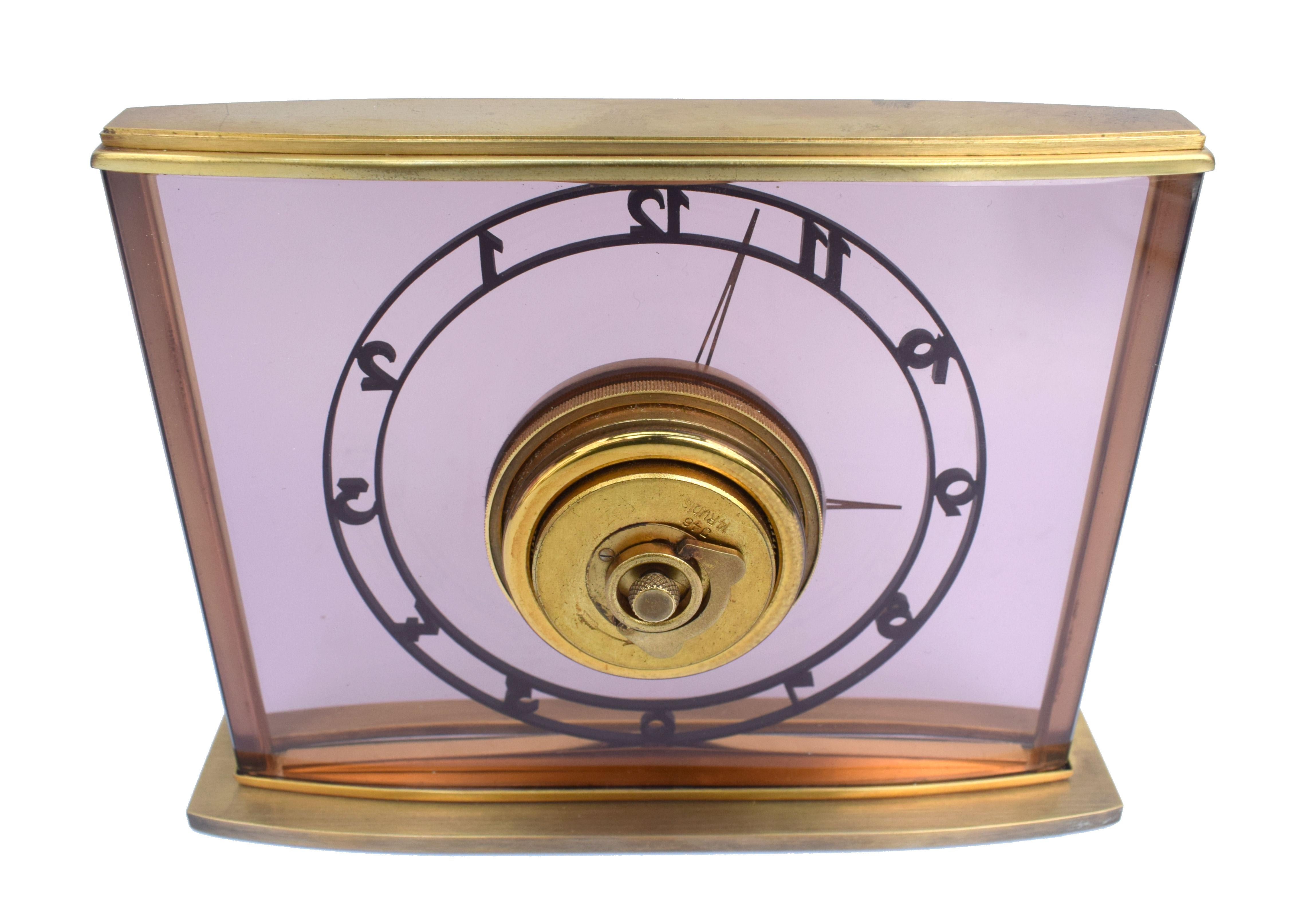German Art Deco Bauhaus 8 Day Brass & Glass Clock by Junghans, circa 1930