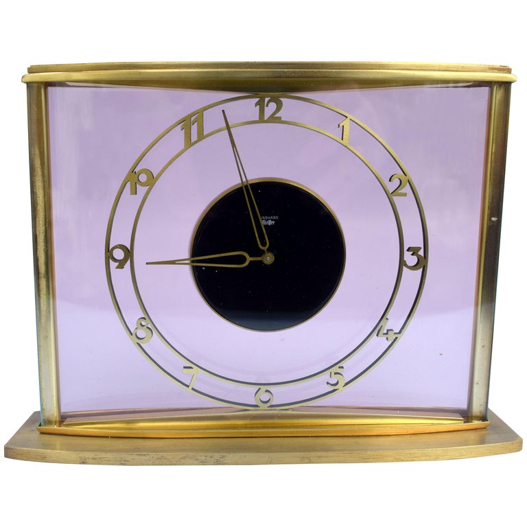 Art Deco Bauhaus 8 Day Brass & Glass Clock by Junghans, circa 1930 For Sale
