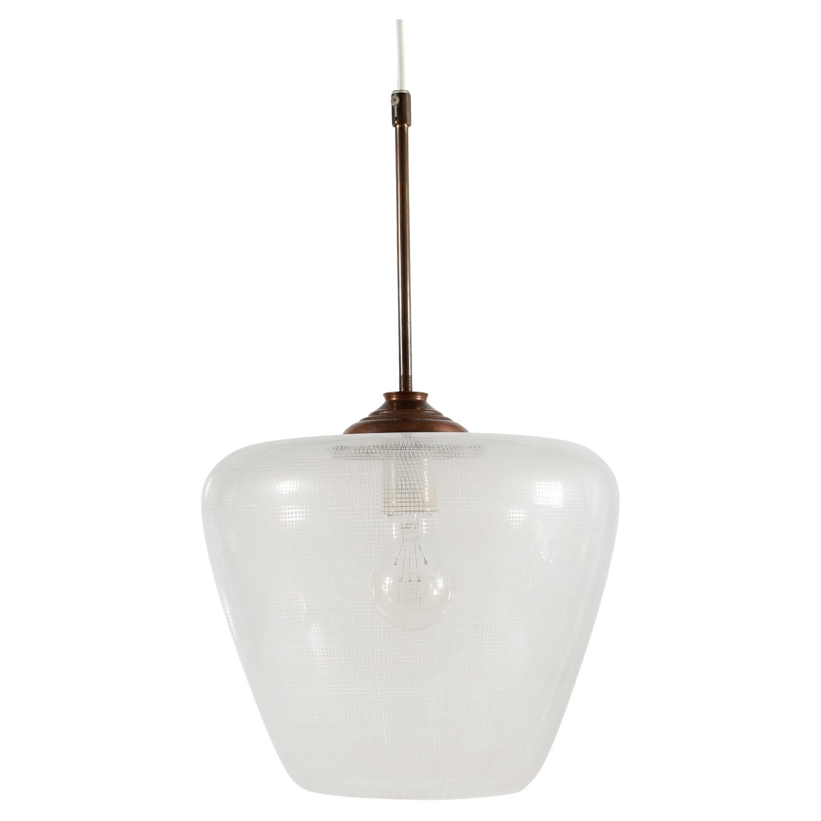 Art Deco Bauhaus Bell Shaped Clear Glass Pendant Stripe Pattern Brass Fitting