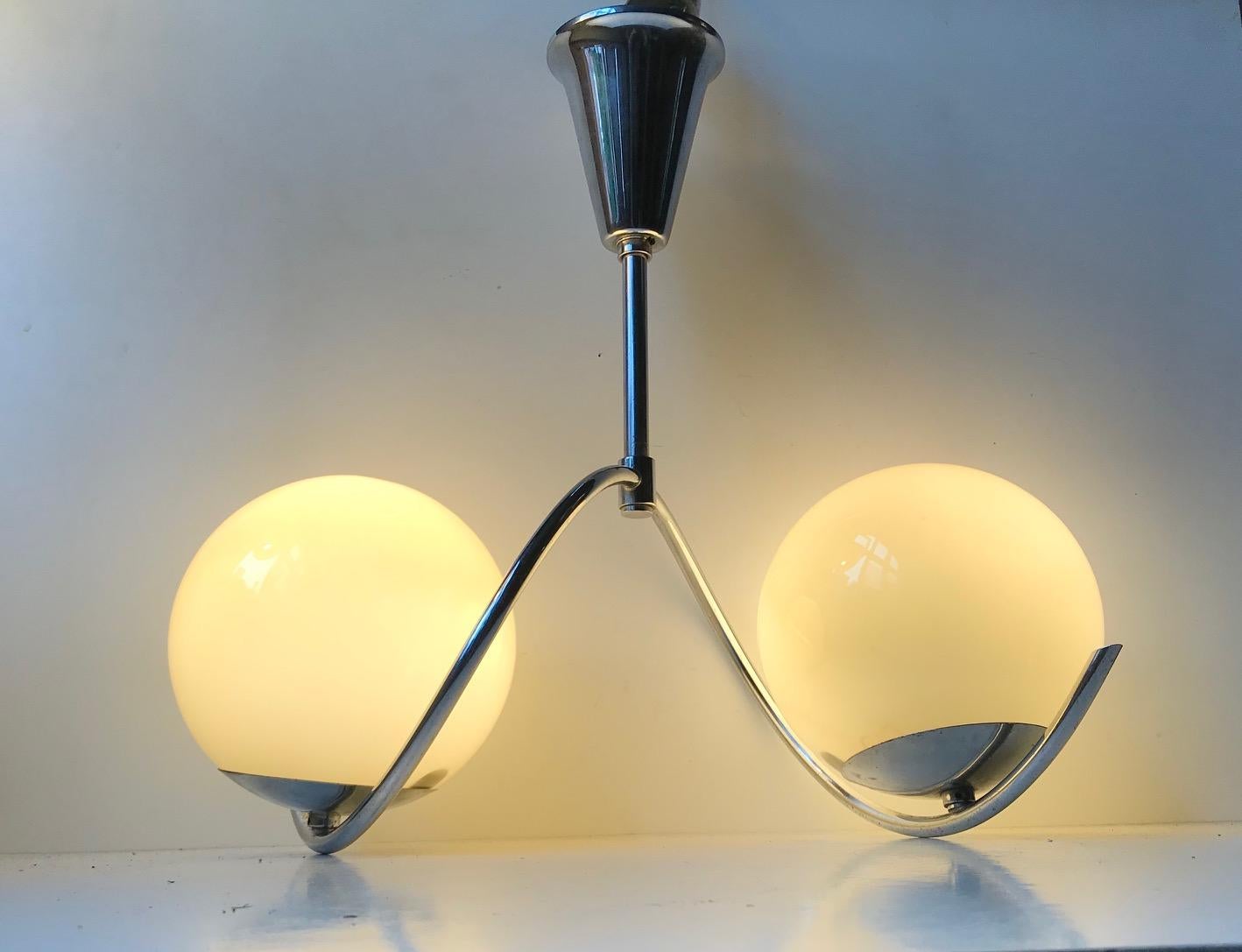 Blown Glass Art Deco, Bauhaus Chandelier with Two Globes by Voss, Denmark, 1930s