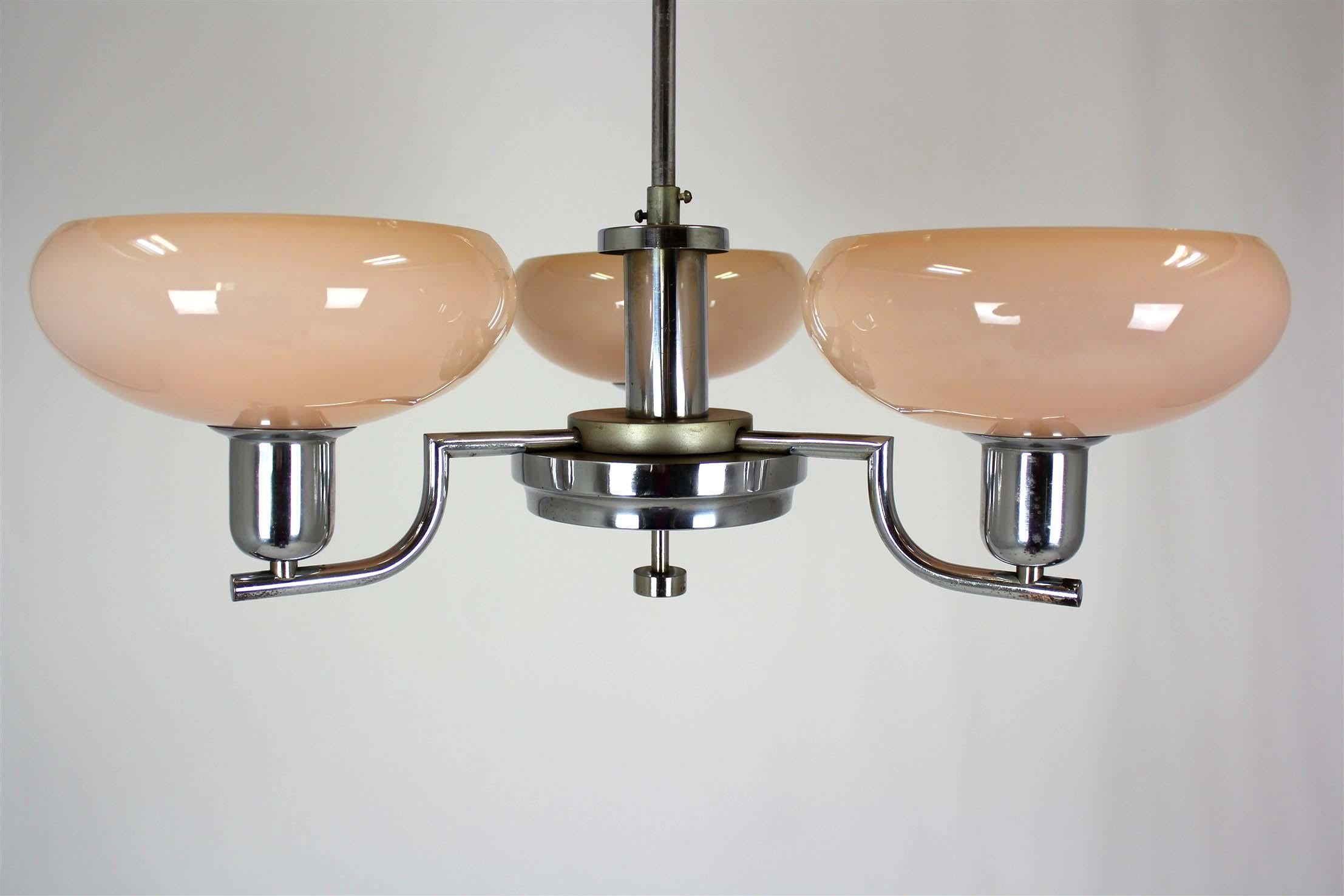 Steel Art Deco Bauhaus Chrome Chandelier from Napako, Czechoslovakia, 1940s For Sale
