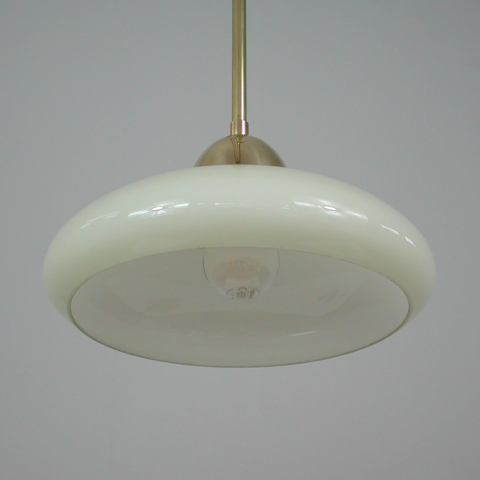 Art Deco Bauhaus Cream Opaline Glass and Brass Pendants, Germany 1930s For Sale 8