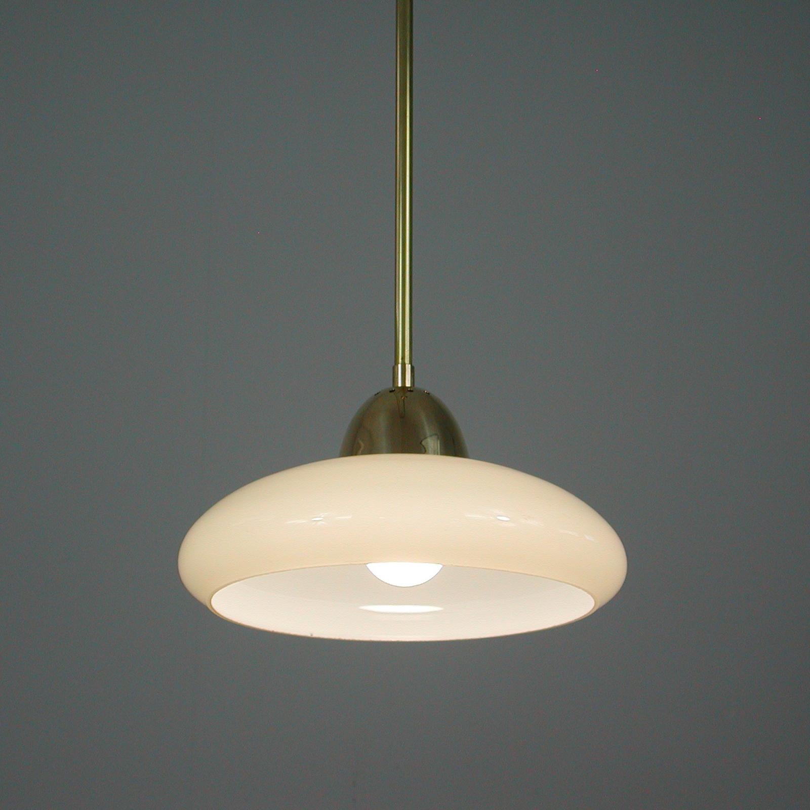 Art Deco Bauhaus Cream Opaline Glass and Brass Pendants, Germany 1930s For Sale 10