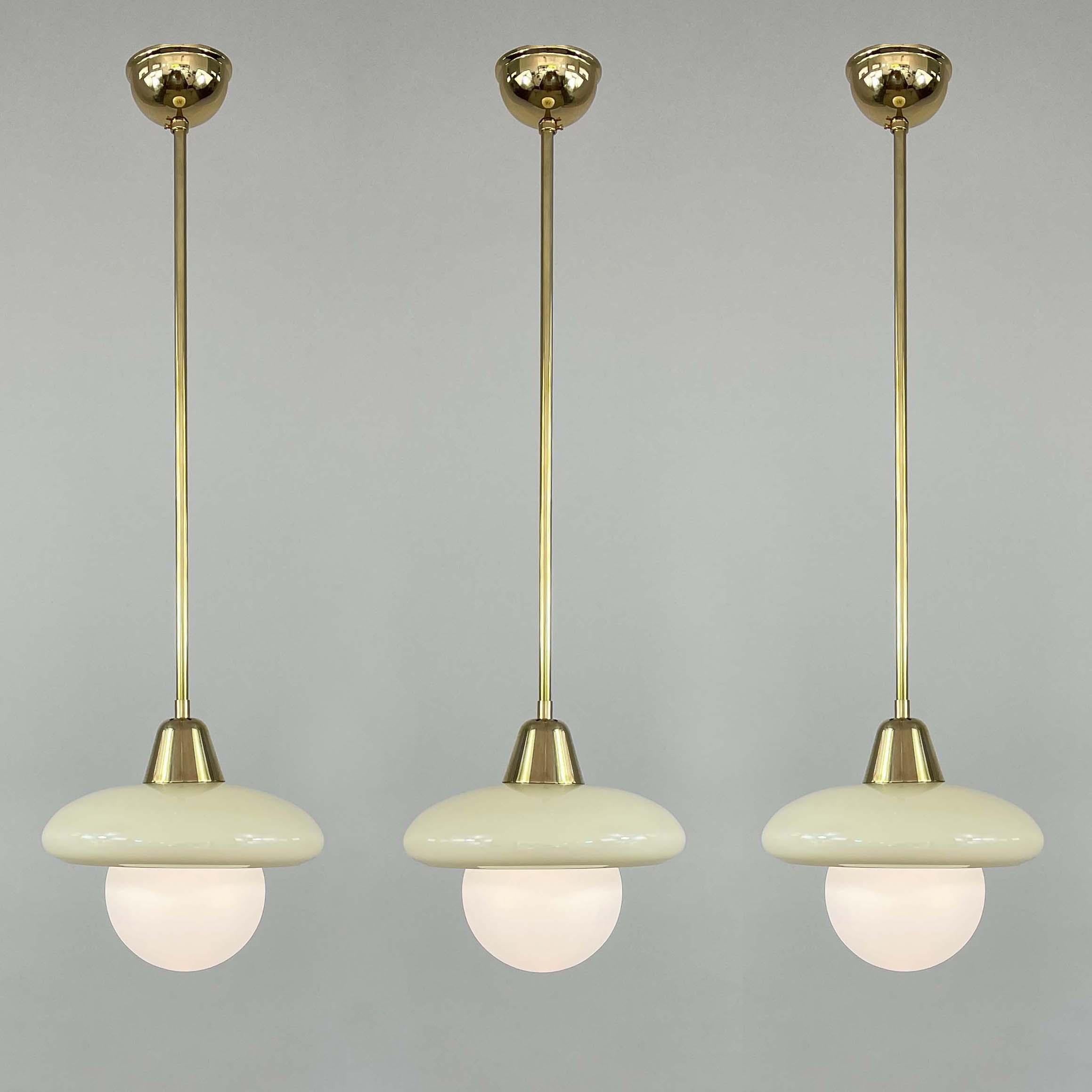 Art Deco Bauhaus Cream Opaline Glass and Brass Pendants, Germany 1930s In Good Condition For Sale In NUEMBRECHT, NRW
