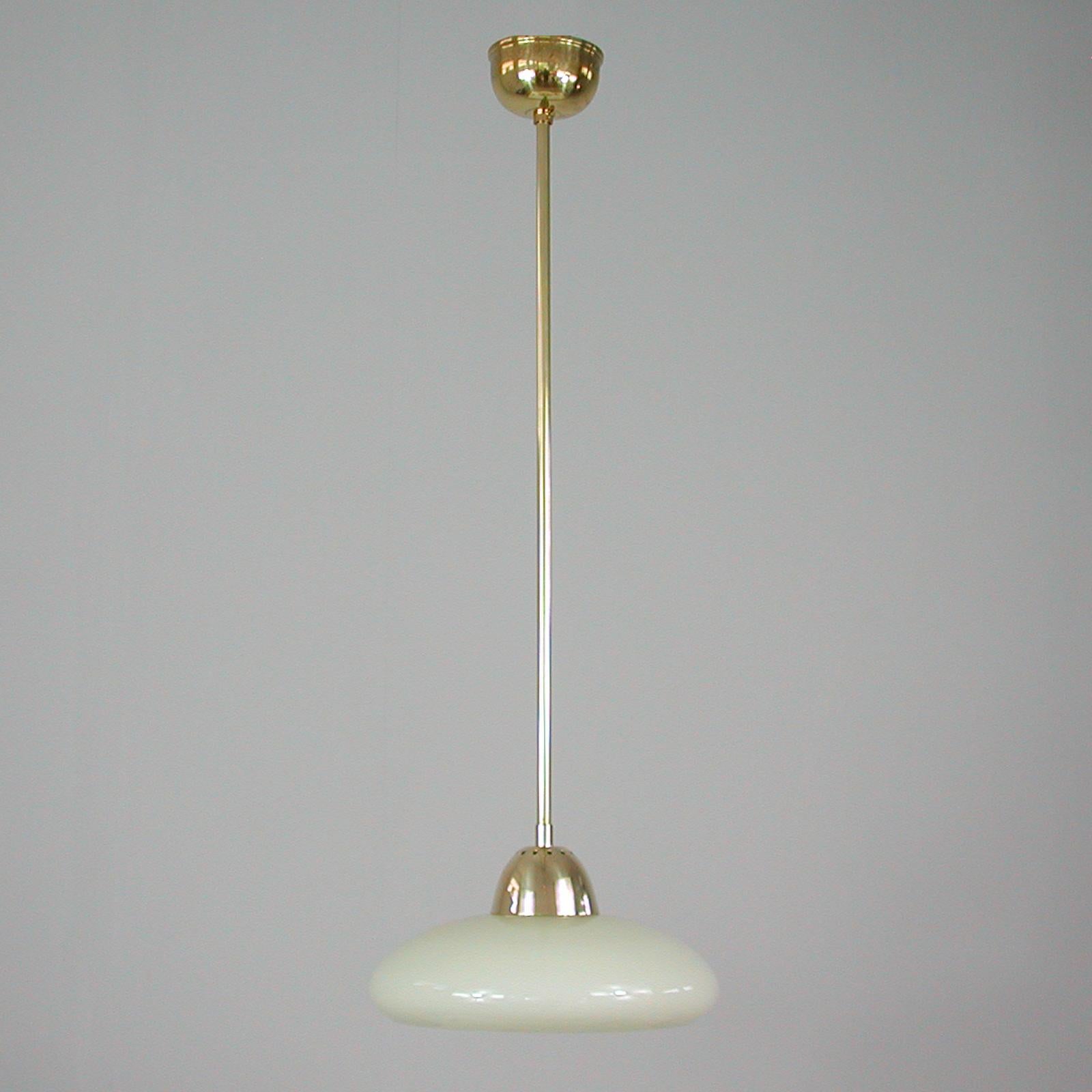 Mid-20th Century Art Deco Bauhaus Cream Opaline Glass and Brass Pendants, Germany 1930s For Sale